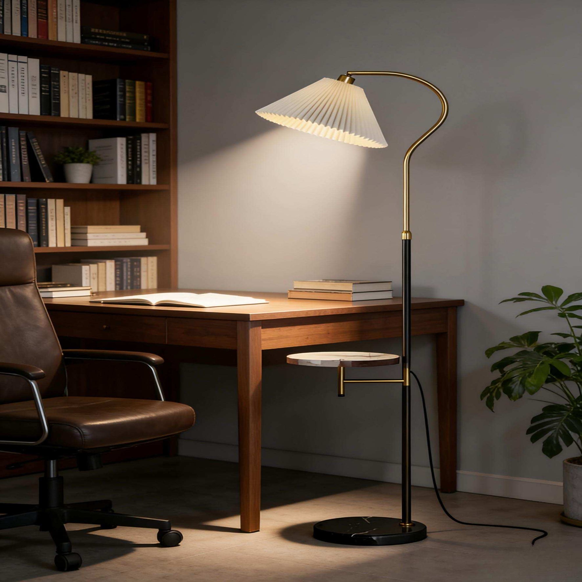 Gold-Black Adjustable Floor Lamp with Marble Side Table - 2-in-1 Light & Storage