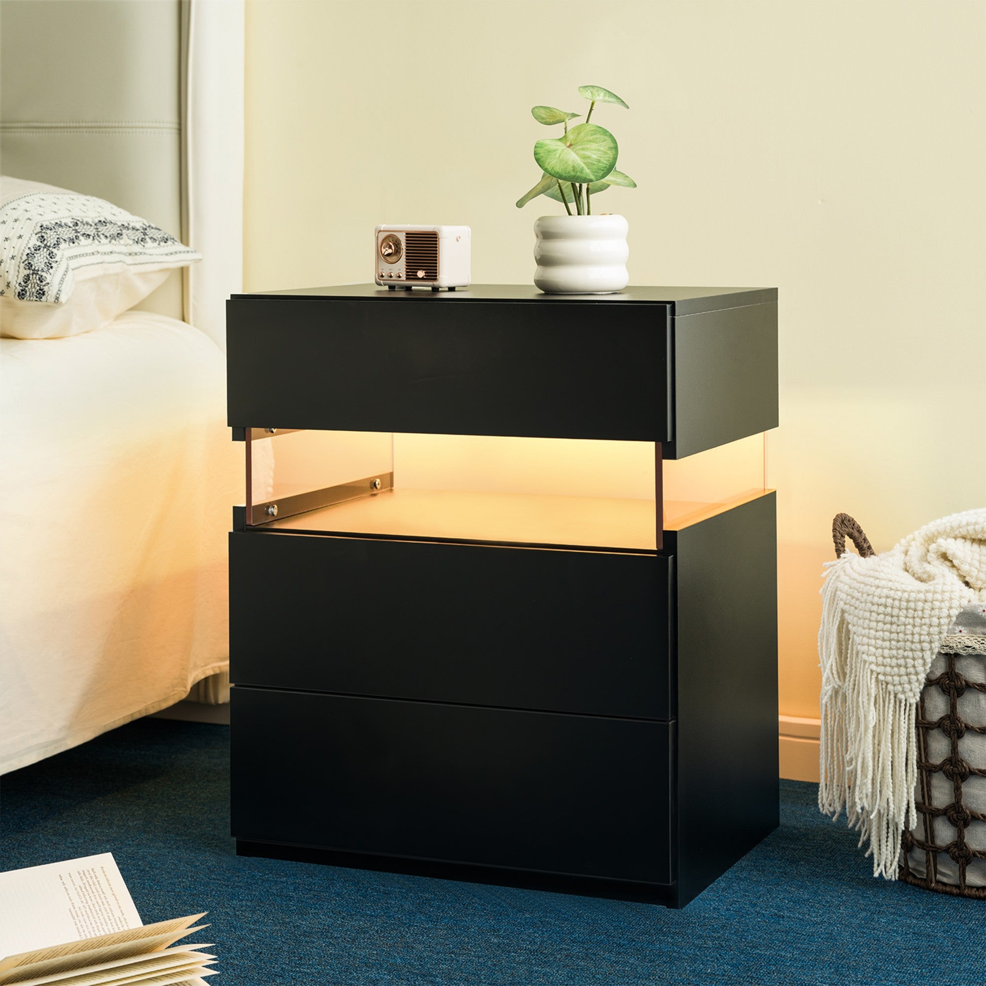 LED Nightstands 3 Drawer Dresser for Bedroom End Table with Acrylic Board LED Bedside Tables for Bedroom Living Room