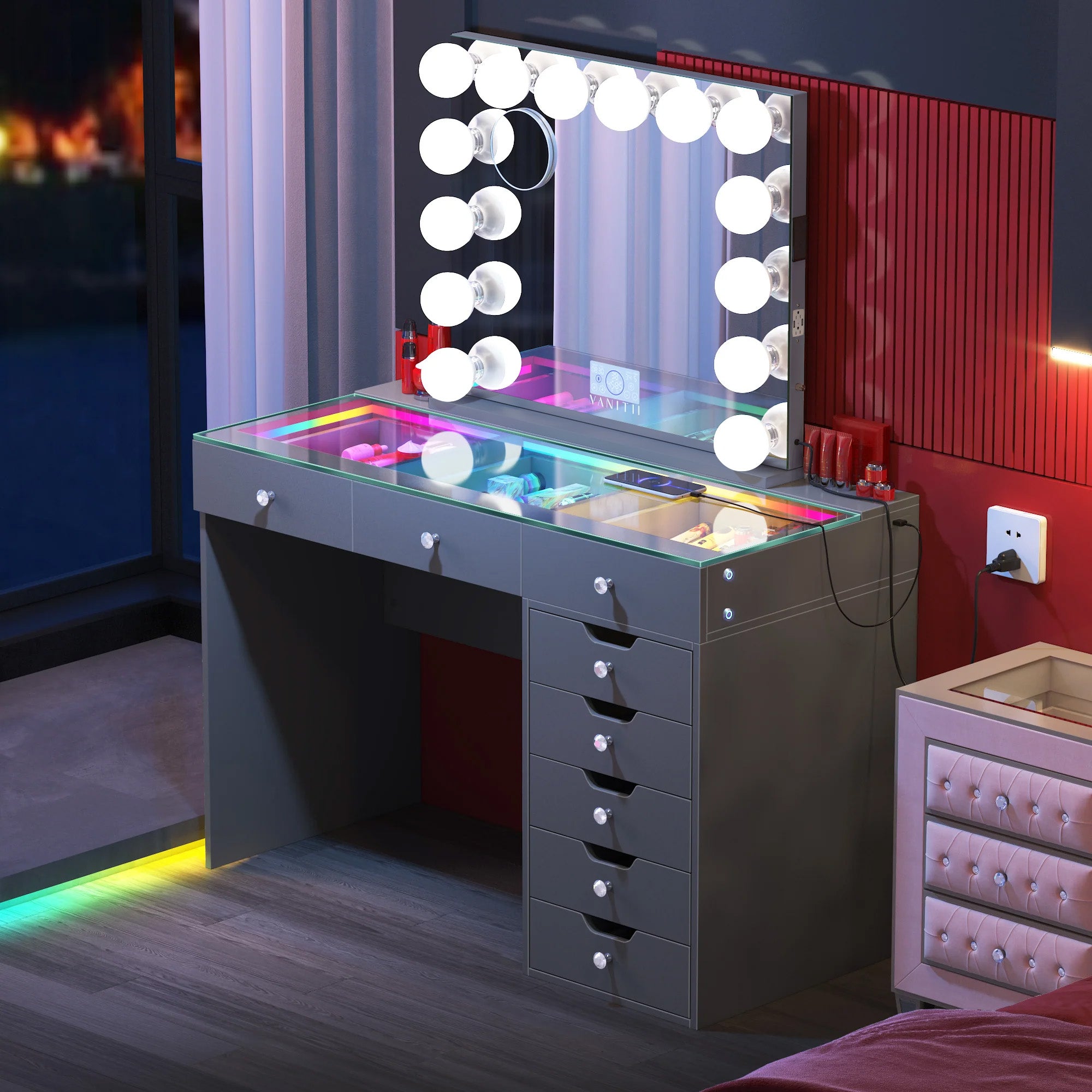 Promotion Deal!VANITII Diana Vanity Desk Set- 8 Storage Drawers with Vanity Mirror