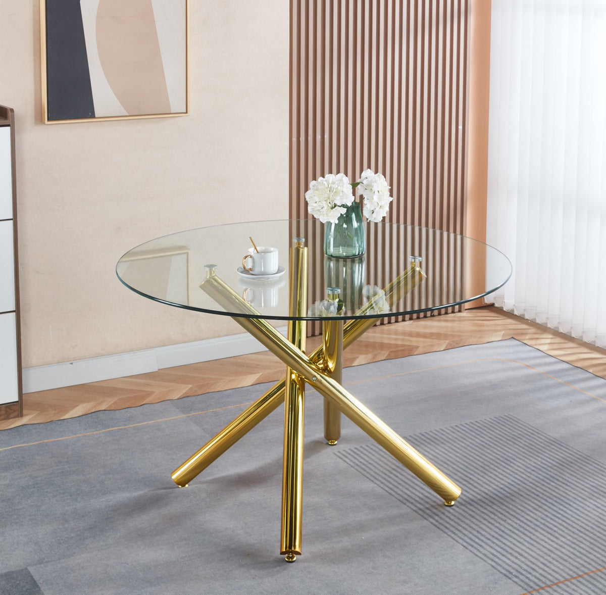 Golden Glass Top Dining Table with Metal Legs, Modern Space - Saving (47.24 × 47.24 × 29.53)
