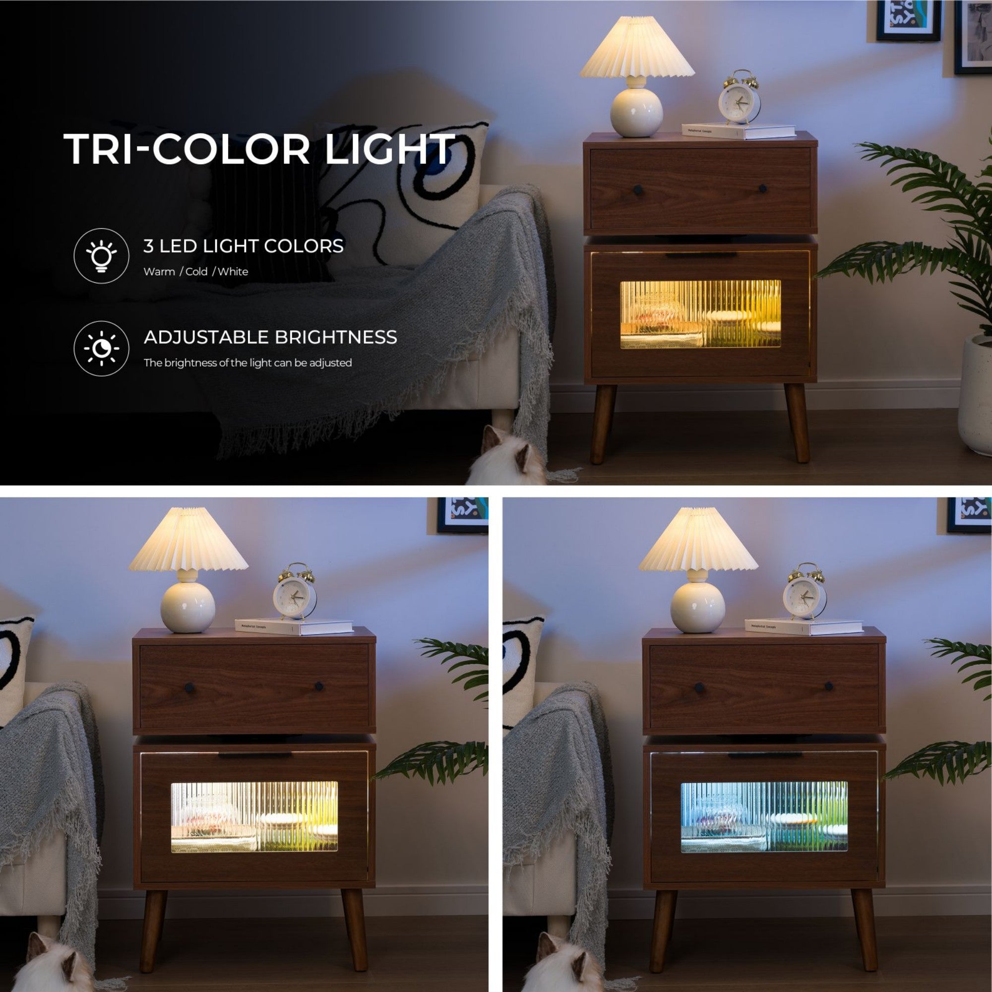 LED Nightstand Modern Nightstands with 360° Rotating Drawer LED Bedside Table with Glass Door Storage Mid Century Bedside Tables