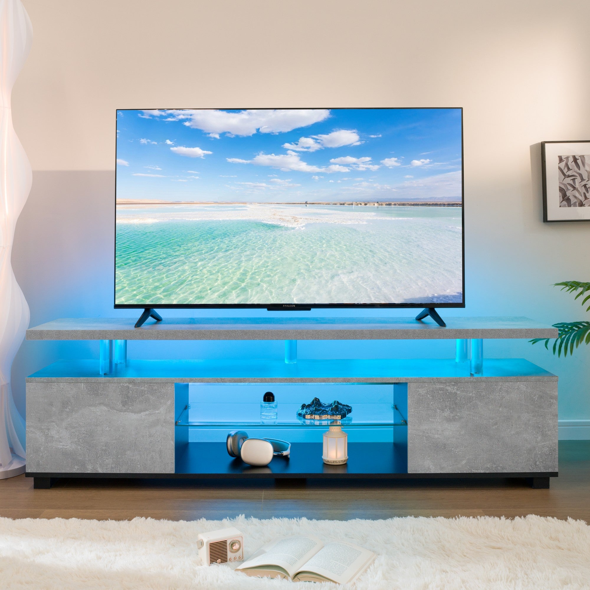 TV Stand LED Gaming Entertainment Center Media Storage Console Table with Large Side Cabinet for Living Room (White)