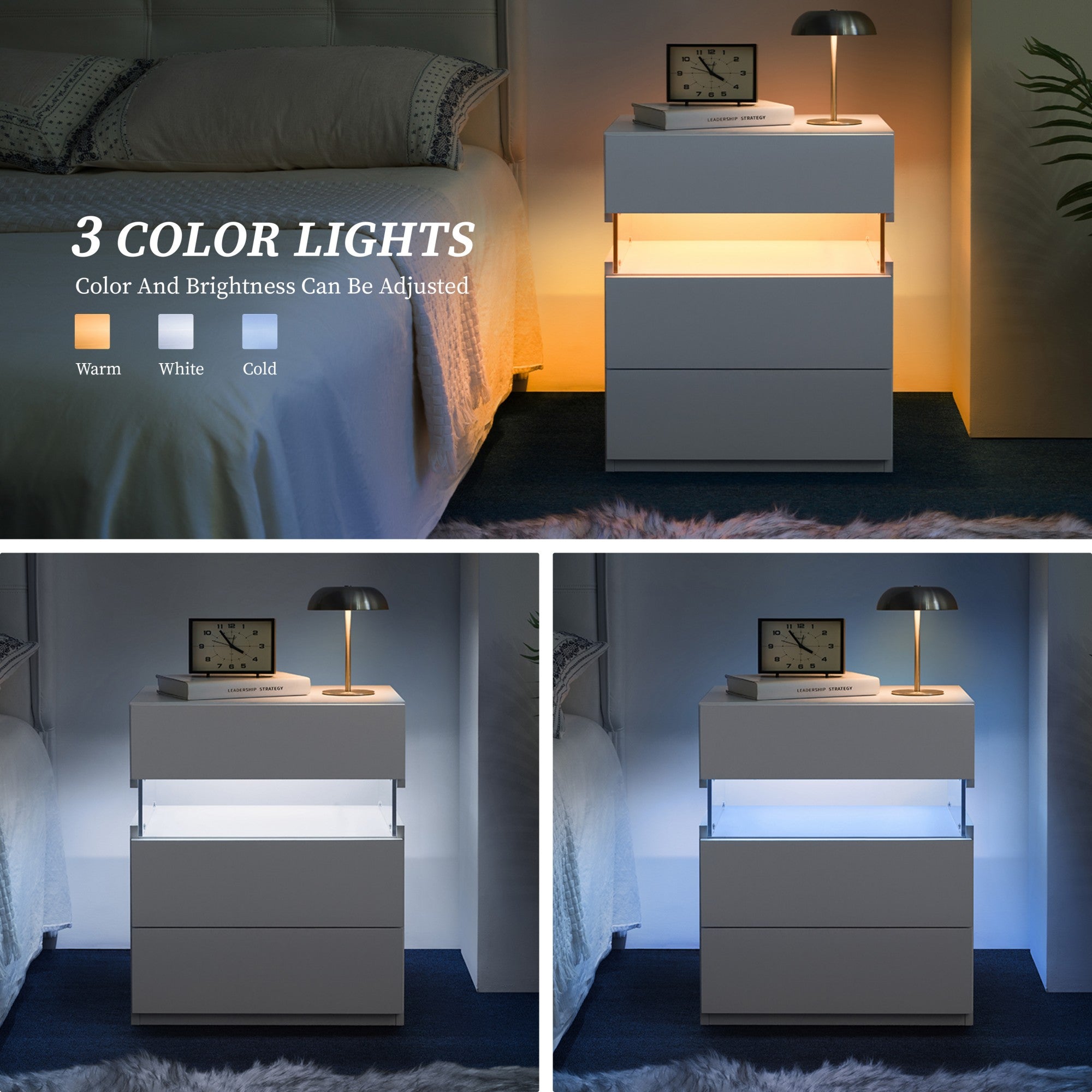 LED Nightstands 3 Drawer Dresser for Bedroom End Table with Acrylic Board LED Bedside Tables for Bedroom Living Room