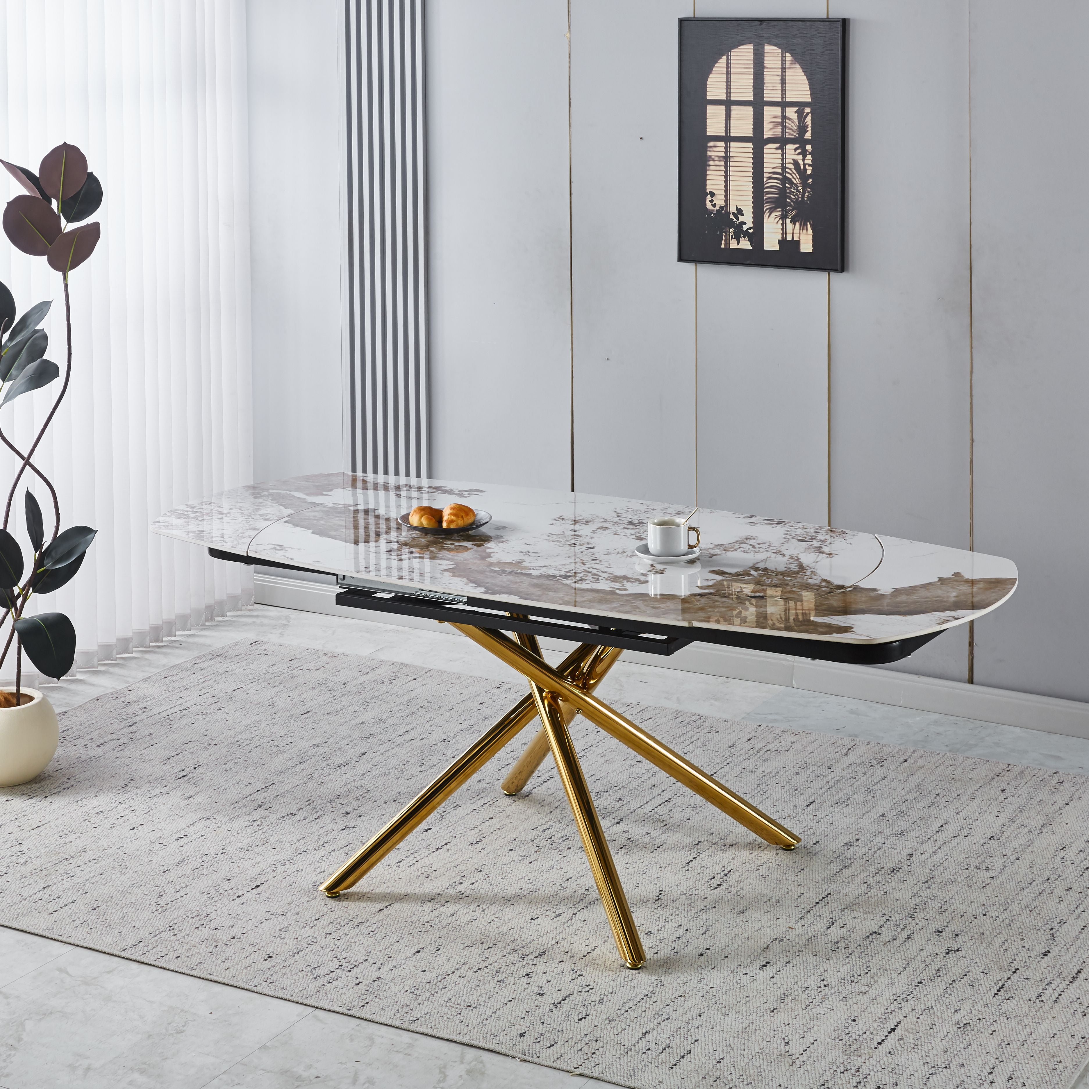 Modern Minimalist White Ceramic Tabletop Dining Set with Beige Velvet Fabric Chairs with Gold Legs (1 Table + 4/6 Chairs)