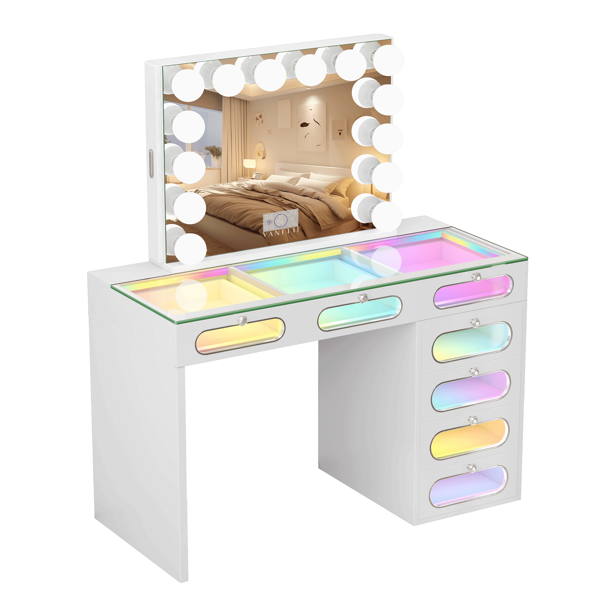 New Release ! VANITII 7 Glass Fronted Drawers with Hollywood Vanity Mirror