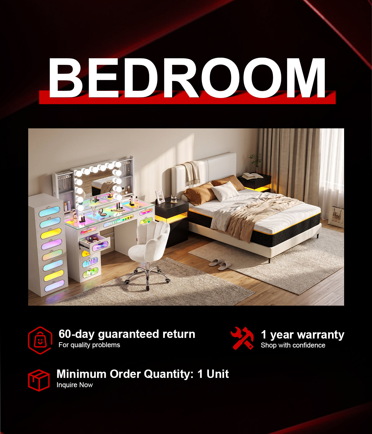 A bedroom furniture set in a styled interior scene, including a white vanity desk with built-in lights, a white chair, a bed with white and beige bedding, and a black-and-white side table.