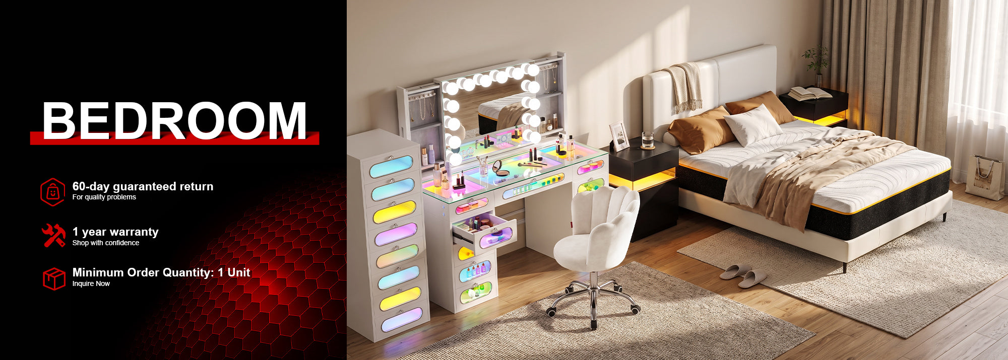 A bedroom furniture set shown in a styled interior scene, featuring a white vanity desk with built-in mirror and LED lighting, a white chair, a tall storage cabinet, and a bed with black-and-white bedding. 