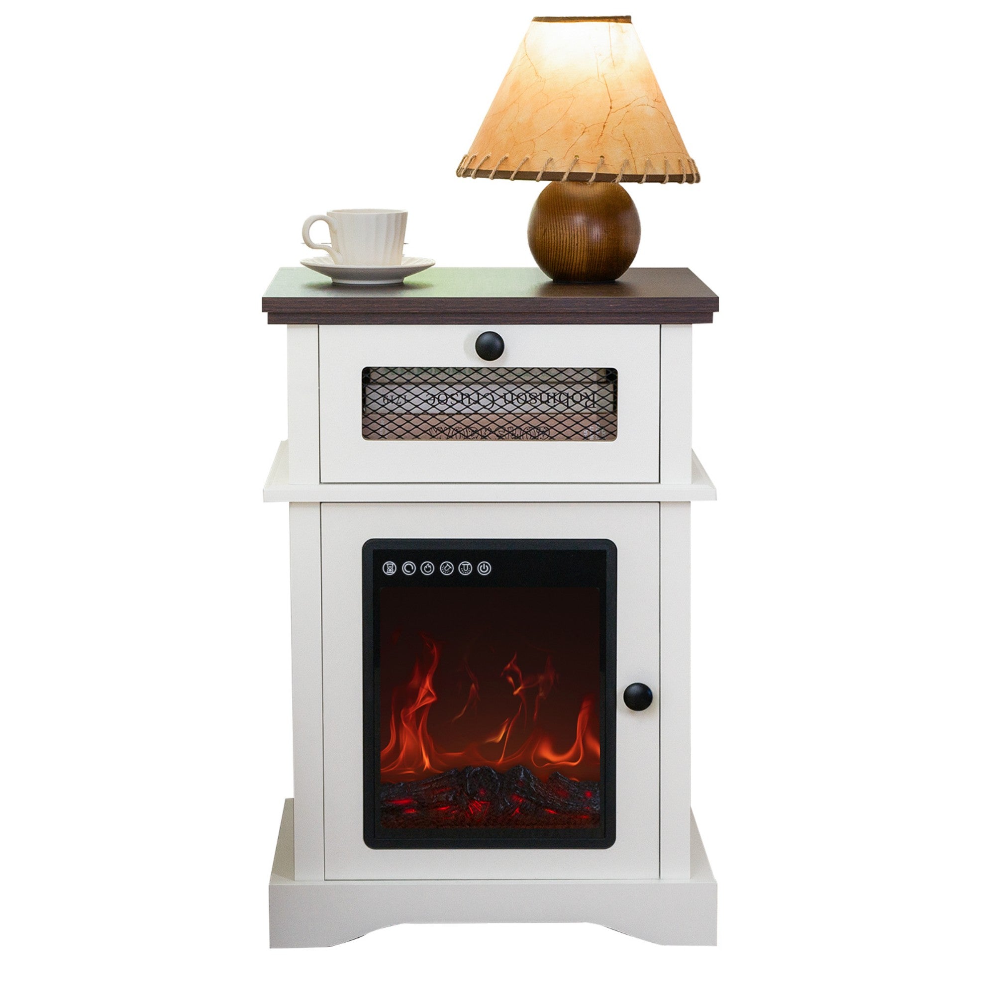 LED Nightstand with Drawer and 3D Fireplace Flame for Bedroom and Living Room