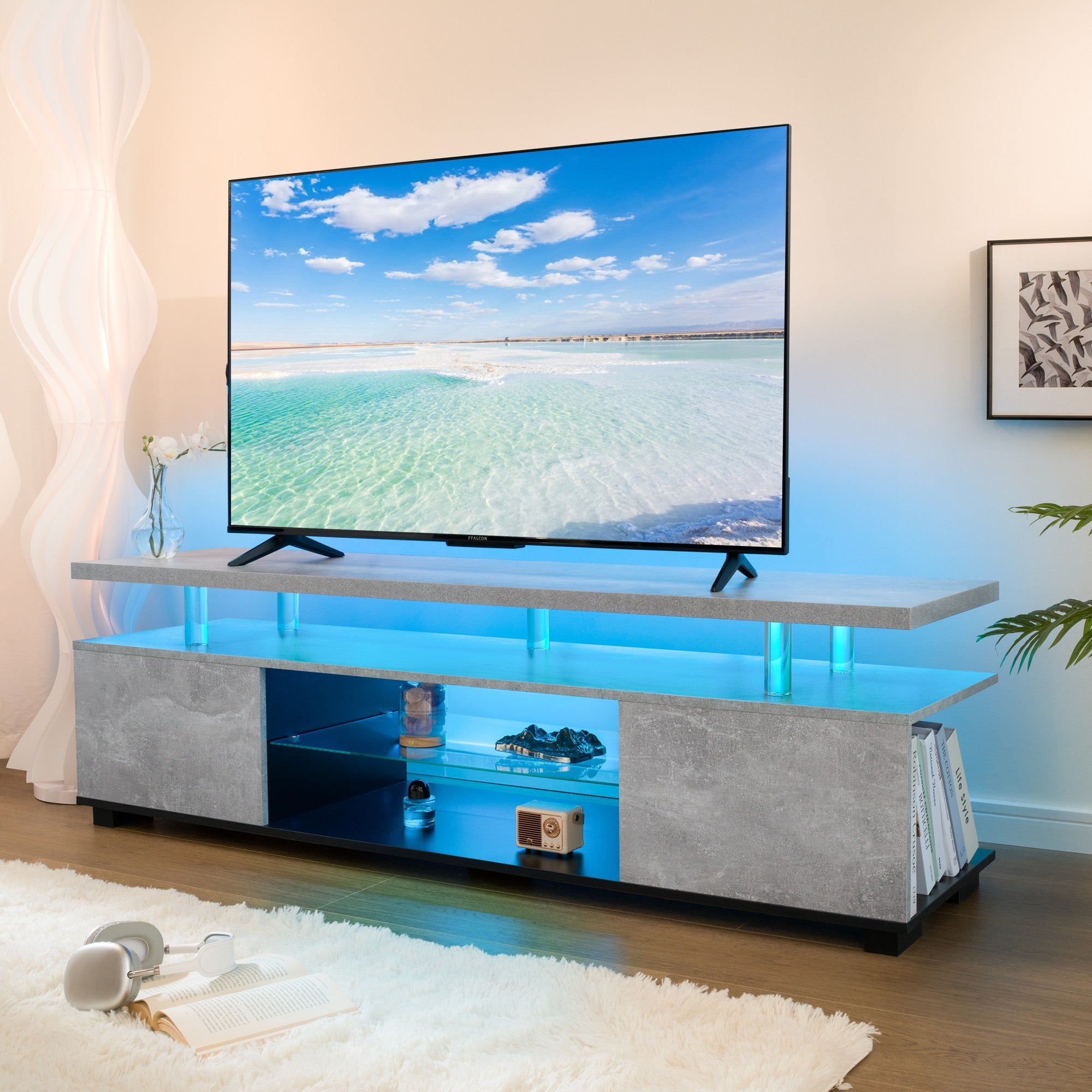 TV Stand LED Gaming Entertainment Center Media Storage Console Table with Large Side Cabinet for Living Room (White)