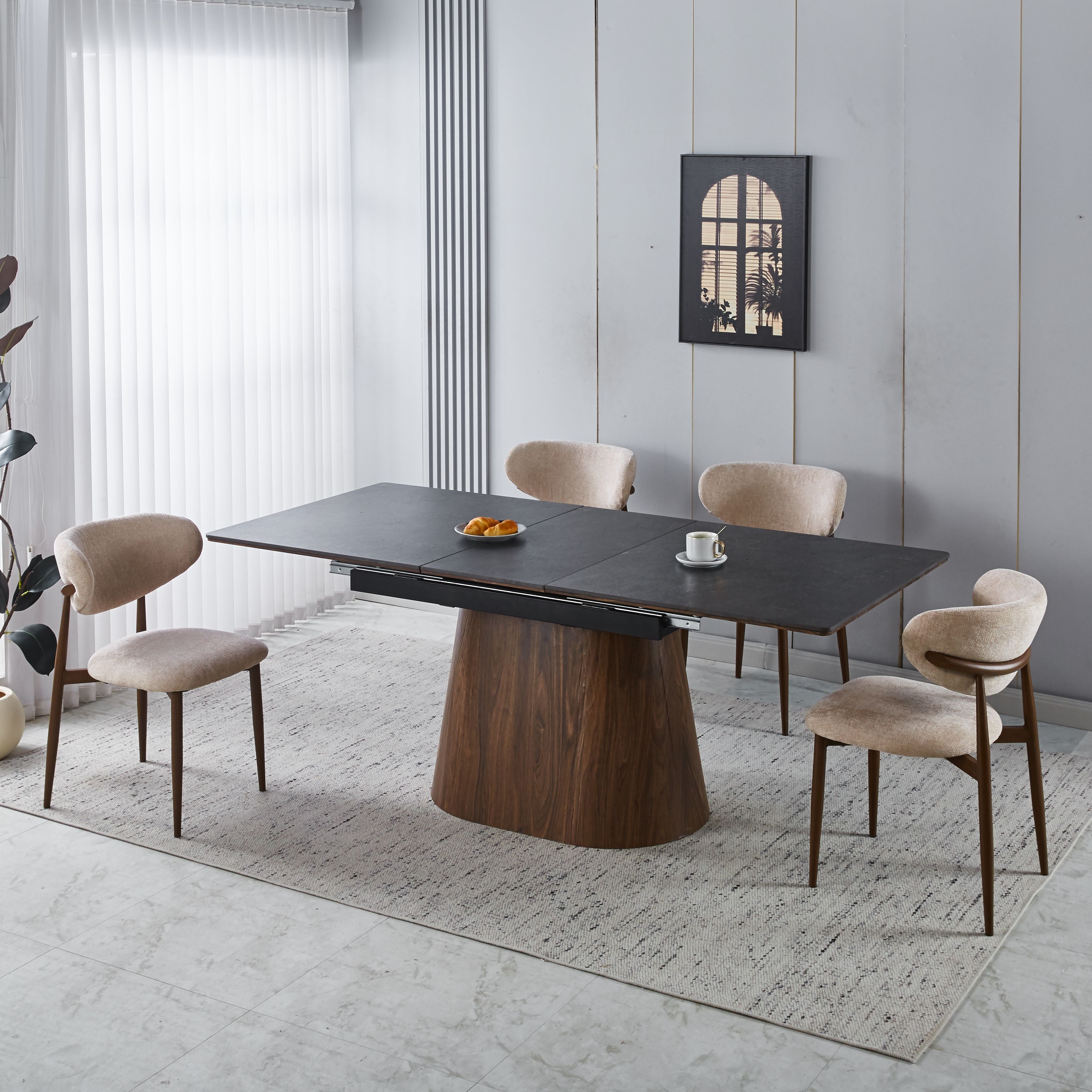 Modern Extendable Black Ceramic Tabletop Dining Set with Beige Fabric Chairs with Dark Wood Legs (1 Table + 4/6 Chairs)