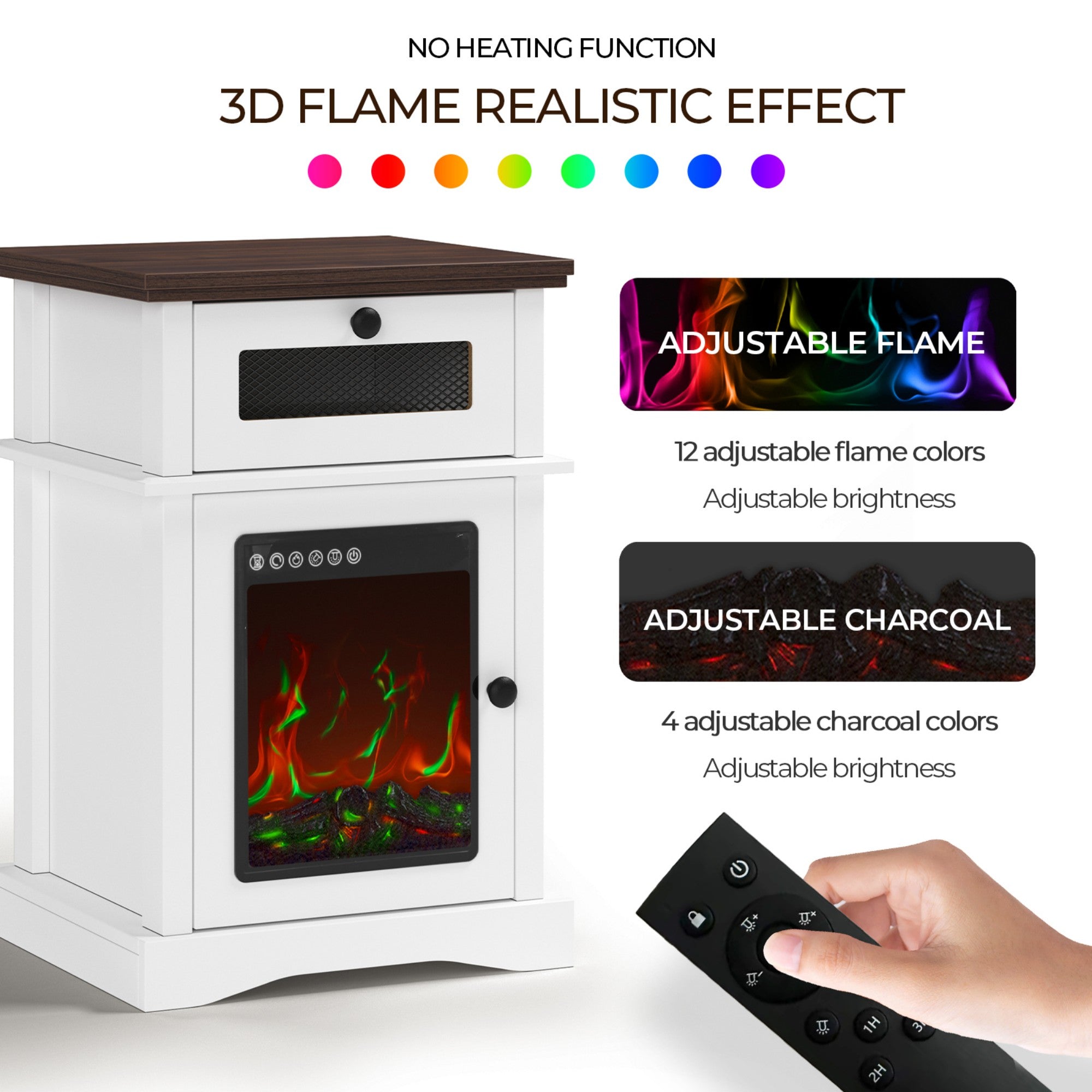 LED Nightstand with Drawer and 3D Fireplace Flame for Bedroom and Living Room