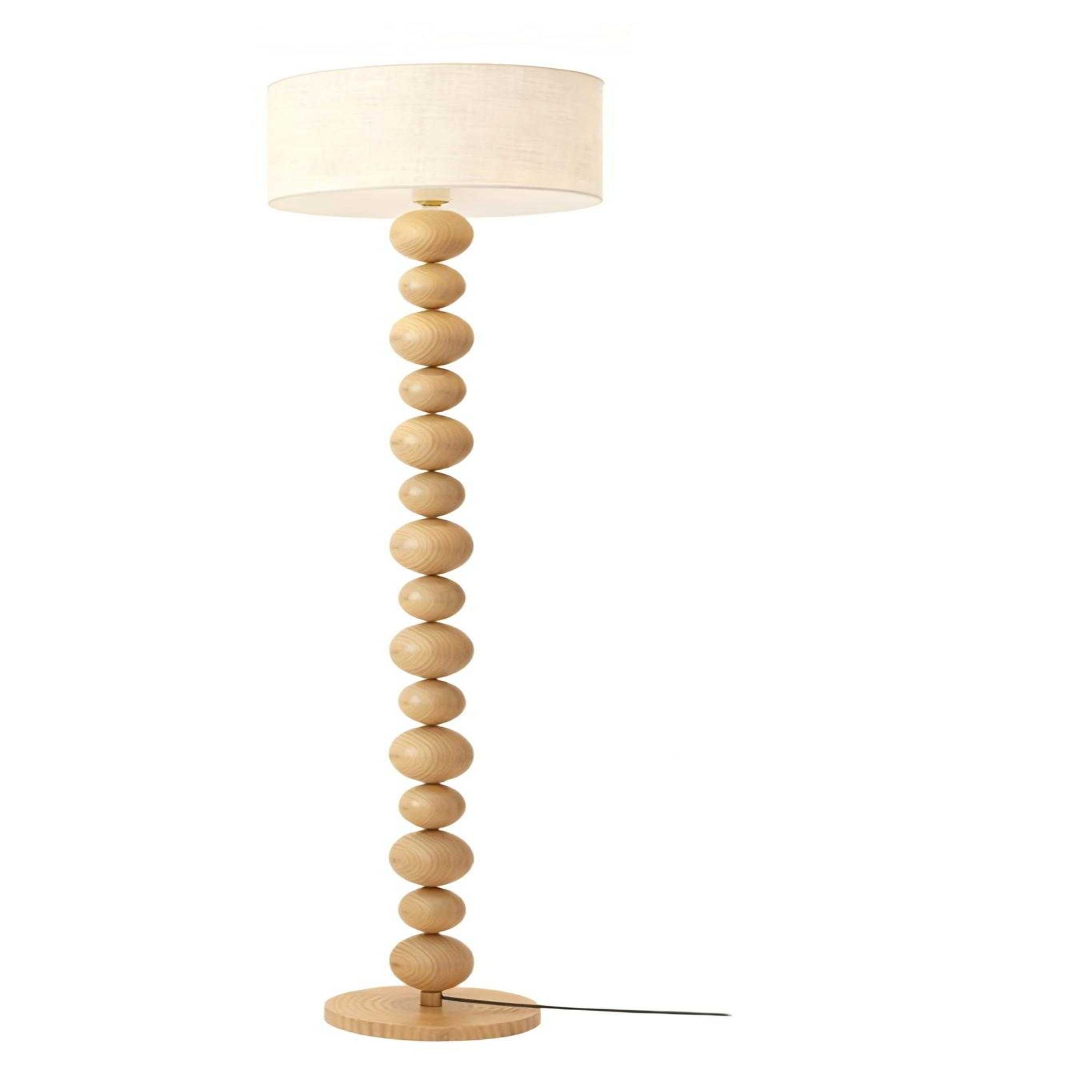 Wooden Ball String Floor Lamp, Iron Transfer Stand, Linen Shade, Japanese Wood Style Warm Light