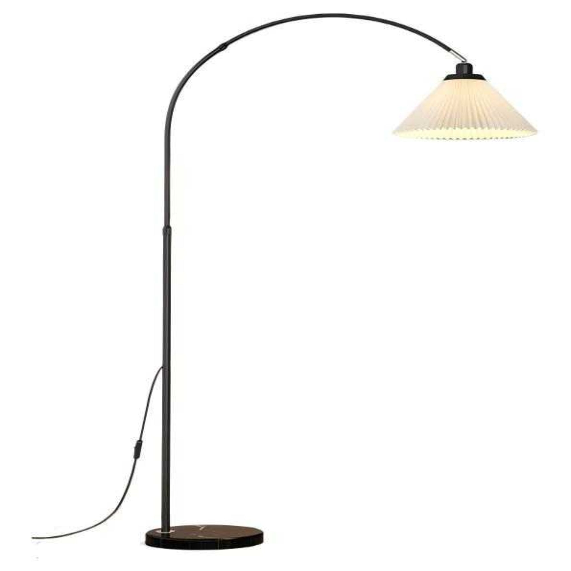 Black Arc Floor Lamp - Modern "fishing lamp" with soft pleated shade, ideal for sofa-side reading in living rooms and bedrooms.