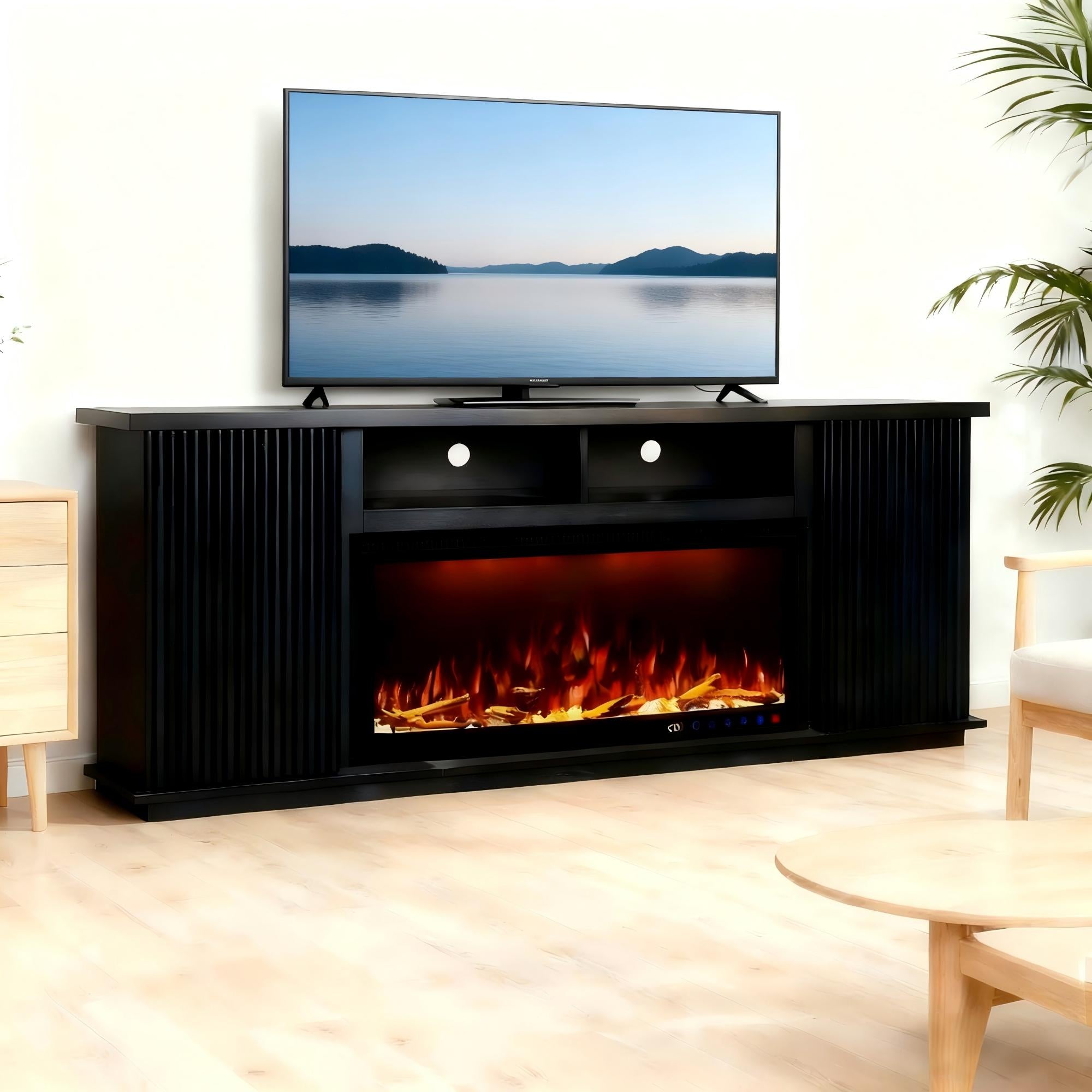 Fully Assembled 70" Black Okoume Veneer Fireplace TV Stand