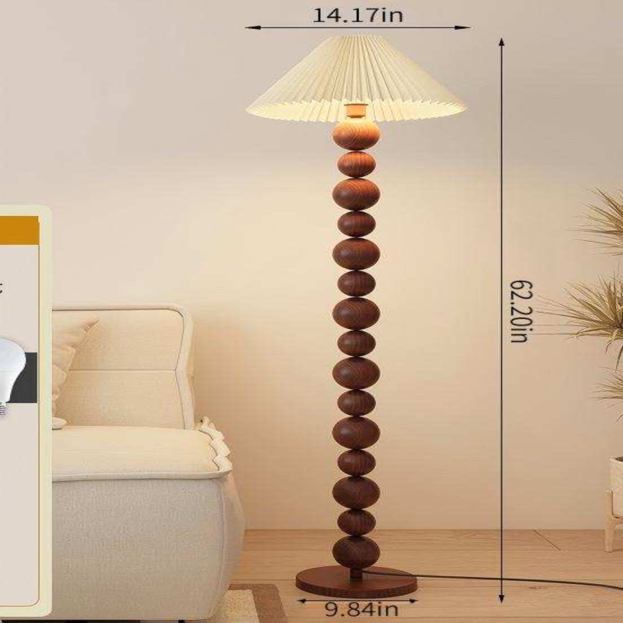 Walnut Floor Lamp with Ball Beads & Pleated Shade - Warm Light for Rustic Décor.