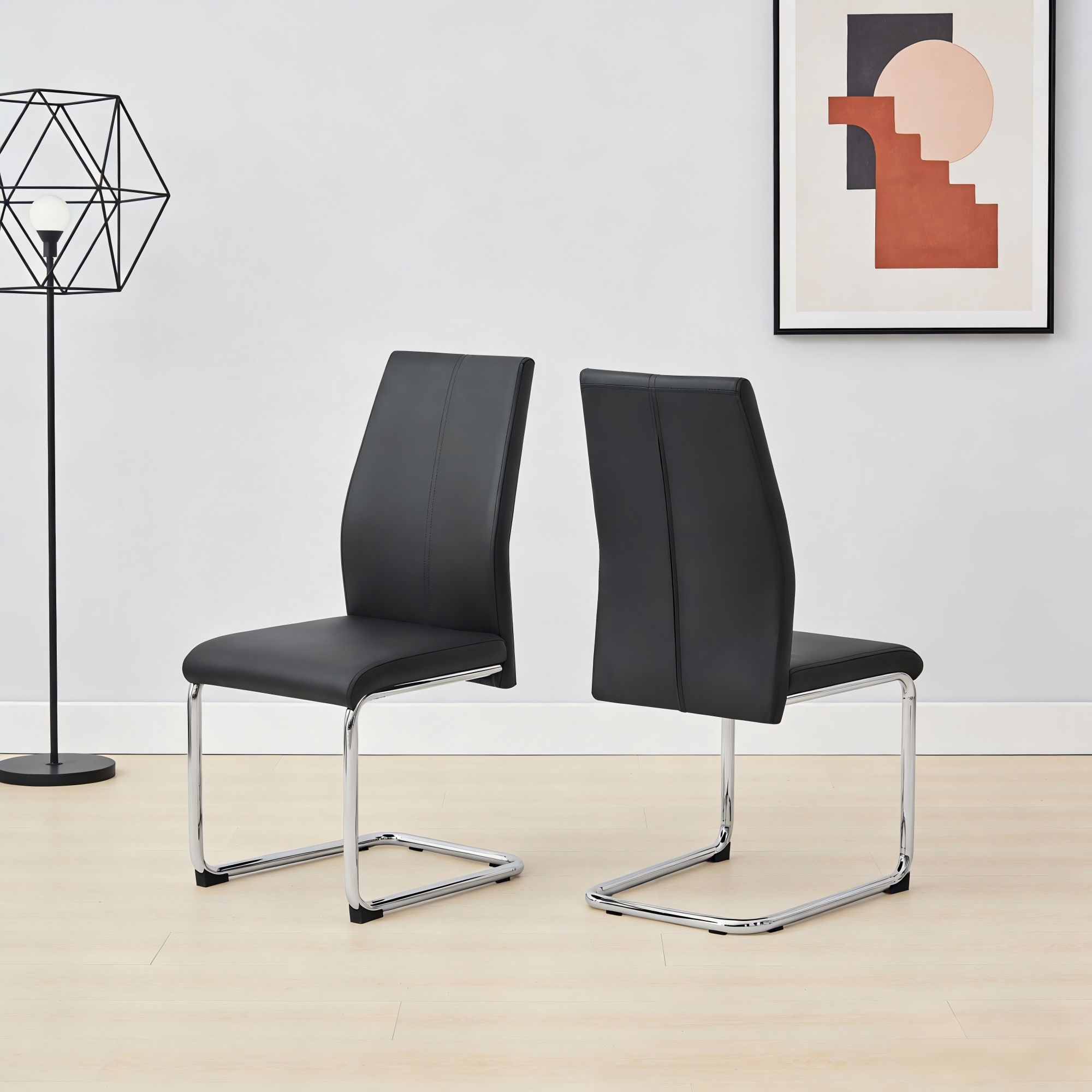 Black Leather Chrome Metal and Foam Dining Chairs