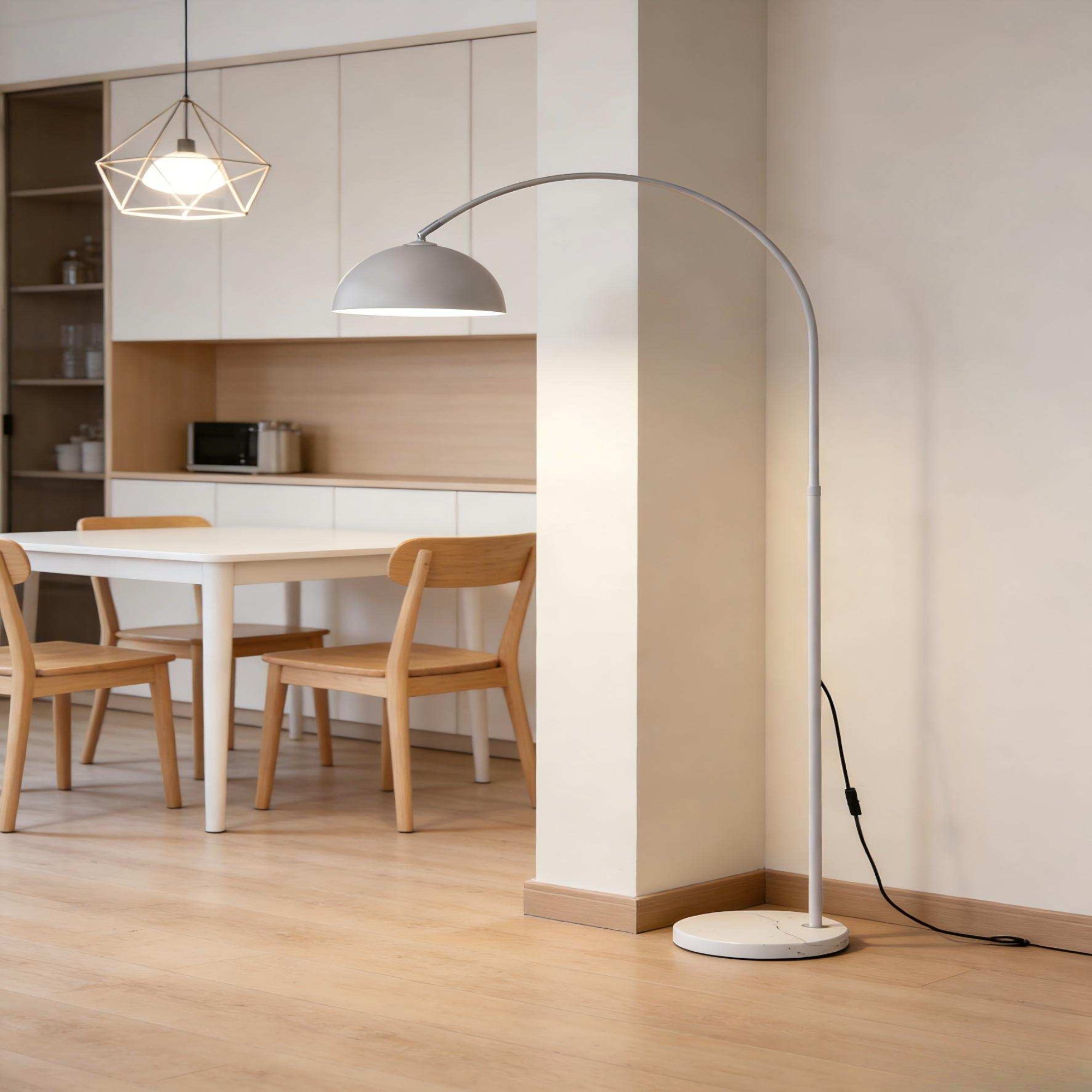 White Arc Floor Lamp: Soft-globe Nordic style for living rooms and bedrooms.