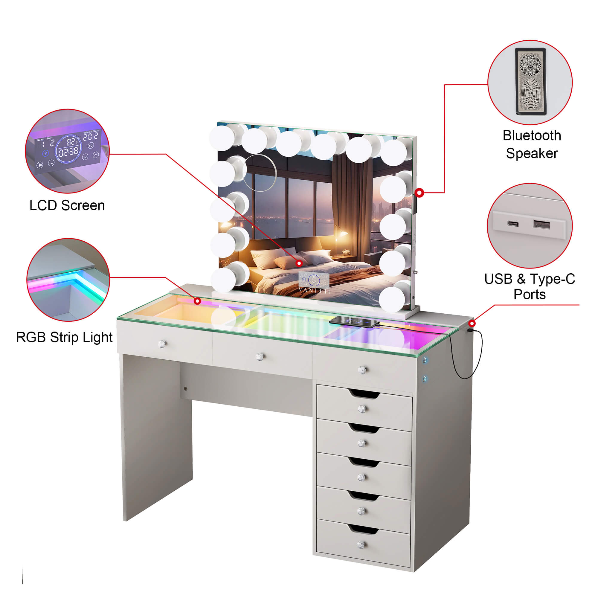 Promotion Deal!VANITII Diana Vanity Desk Set- 8 Storage Drawers with Vanity Mirror