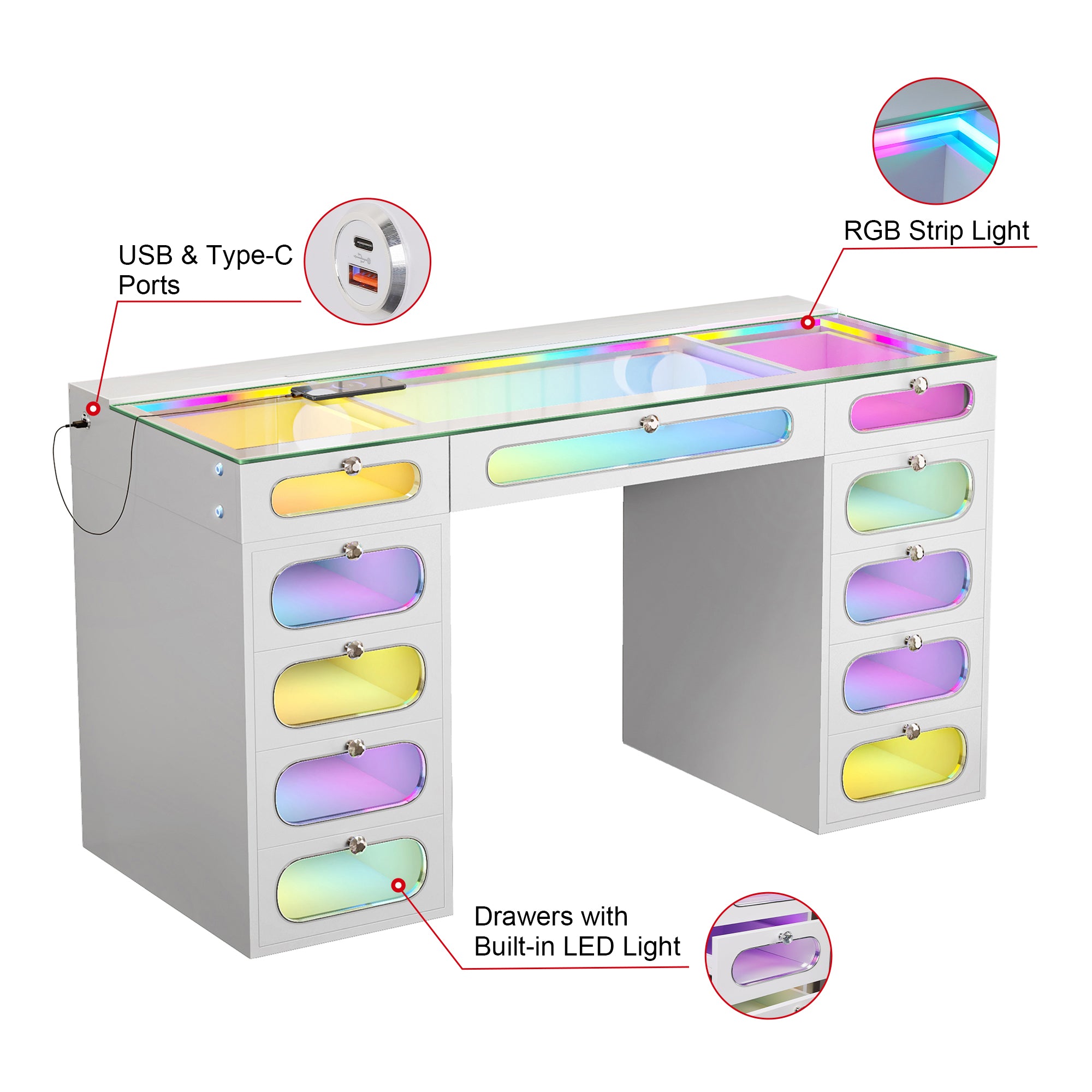 New Release ! VANITII Priscilla Vanity Desk-11 Glass Fronted Drawers with Crystal Handles