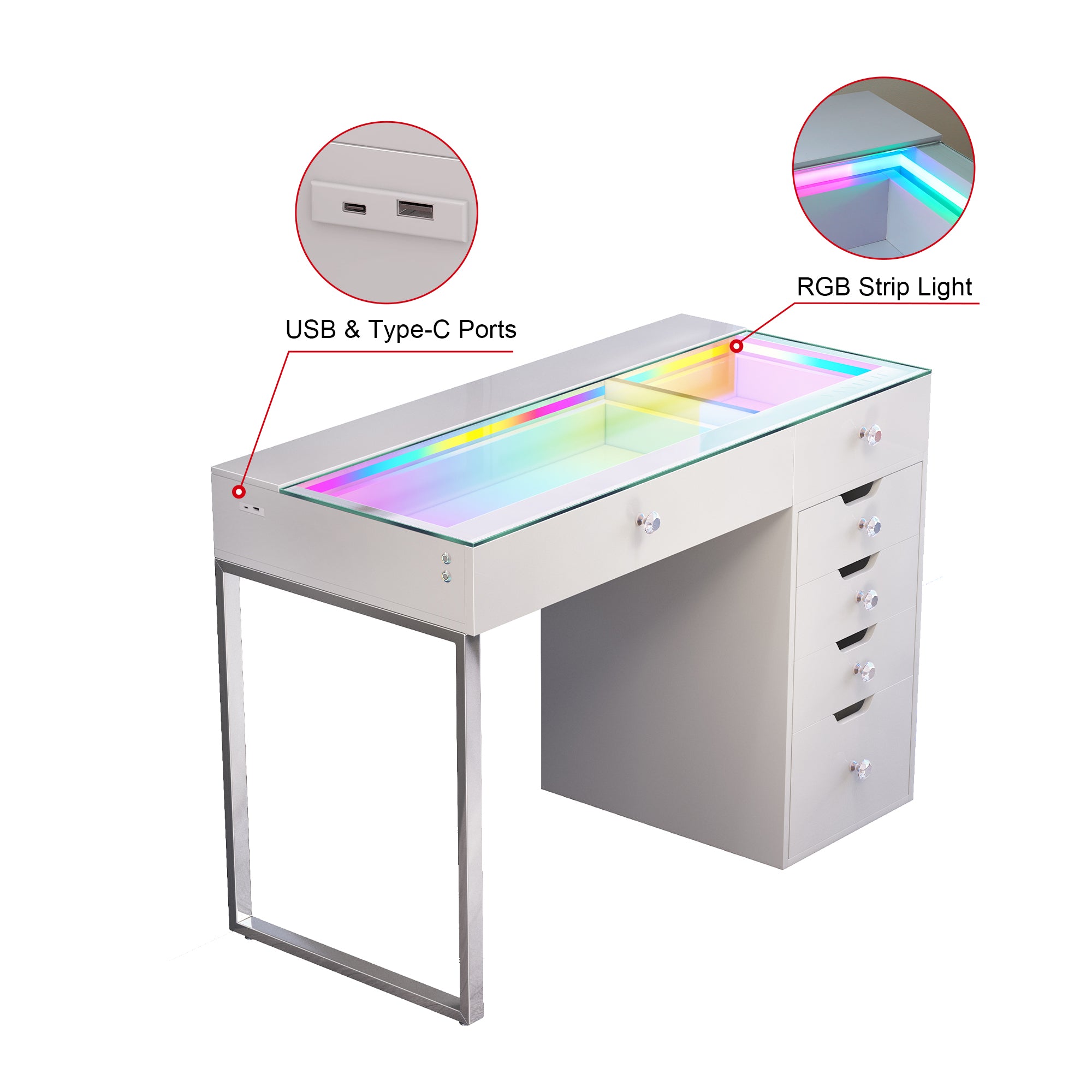 VANITII Diana RGB Vanity Desk - 6 Storage Drawers