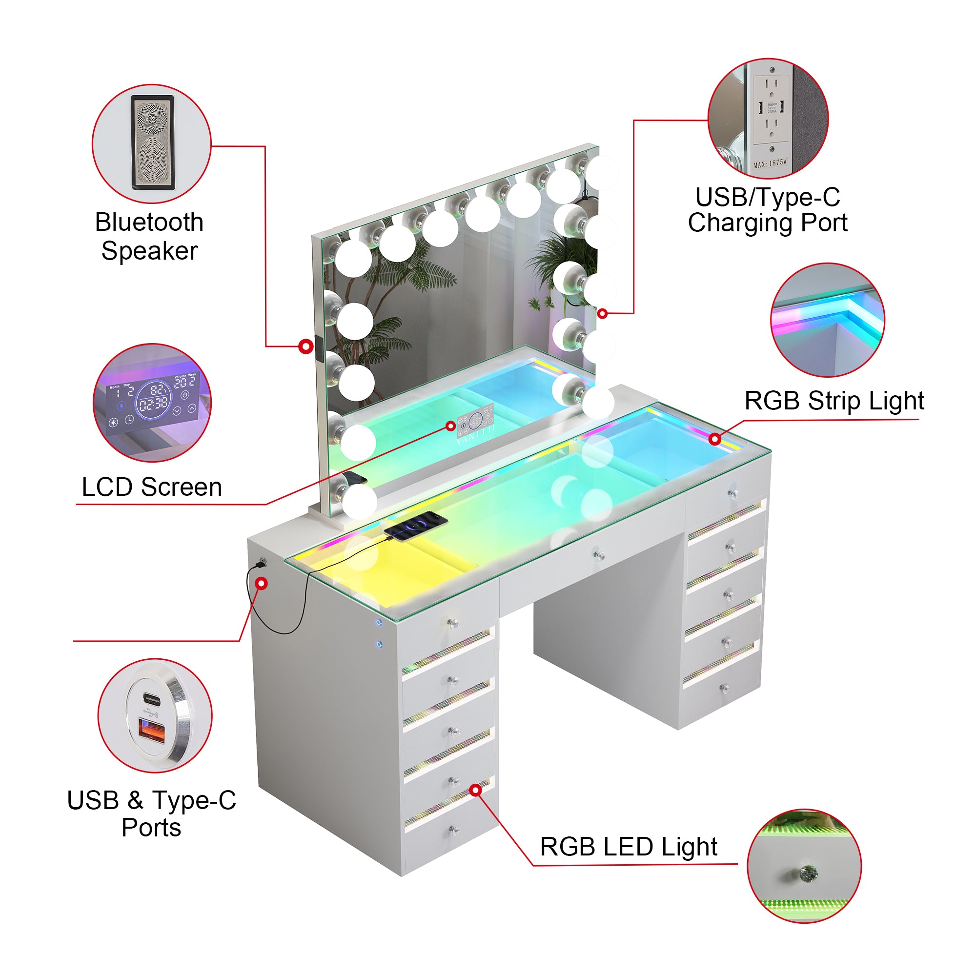 VANITII Fenair Vanity Desk with RGB light including Vanity Mirror