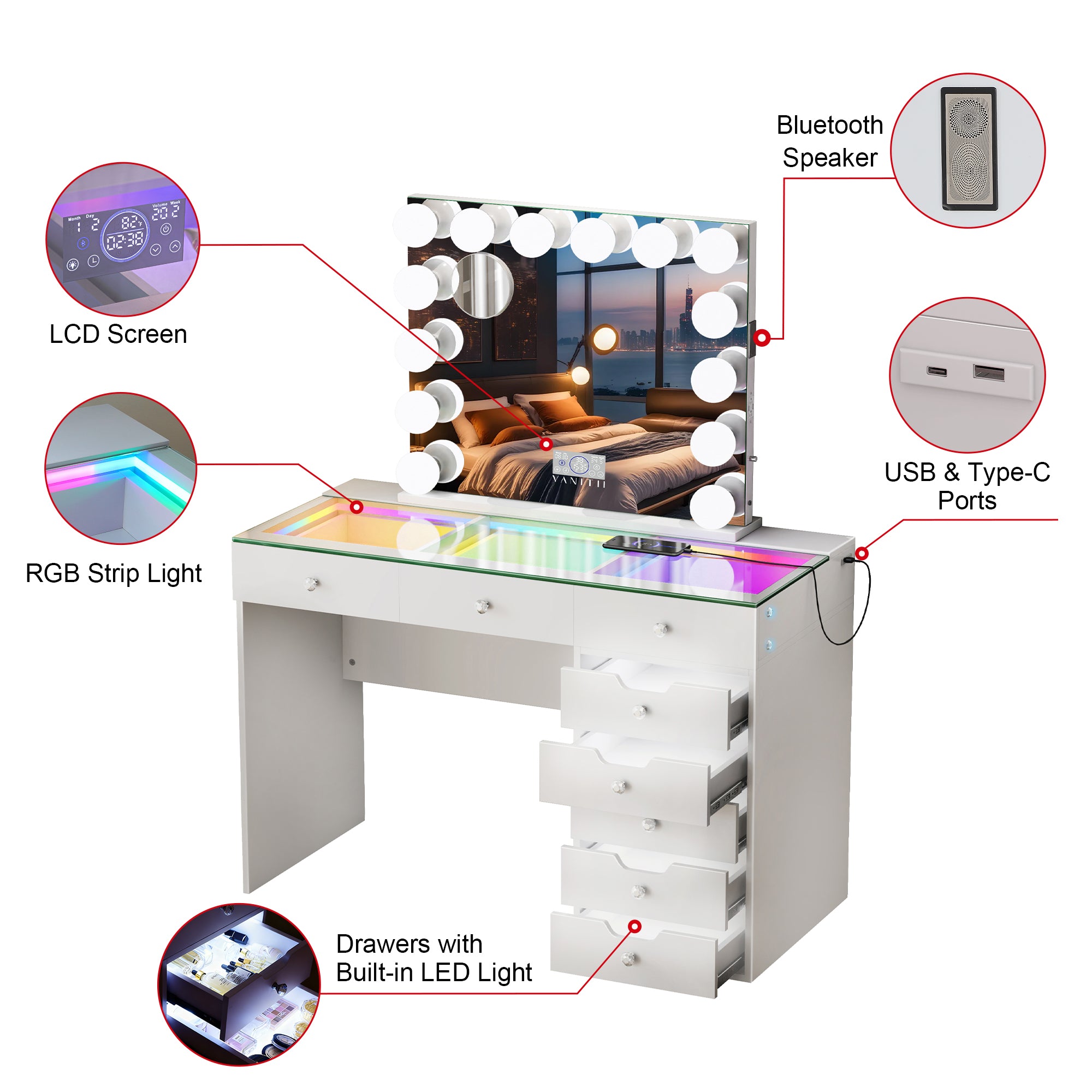 VANITII Diana 8 Drawers Vanity Desk Set with RGB and Full Light