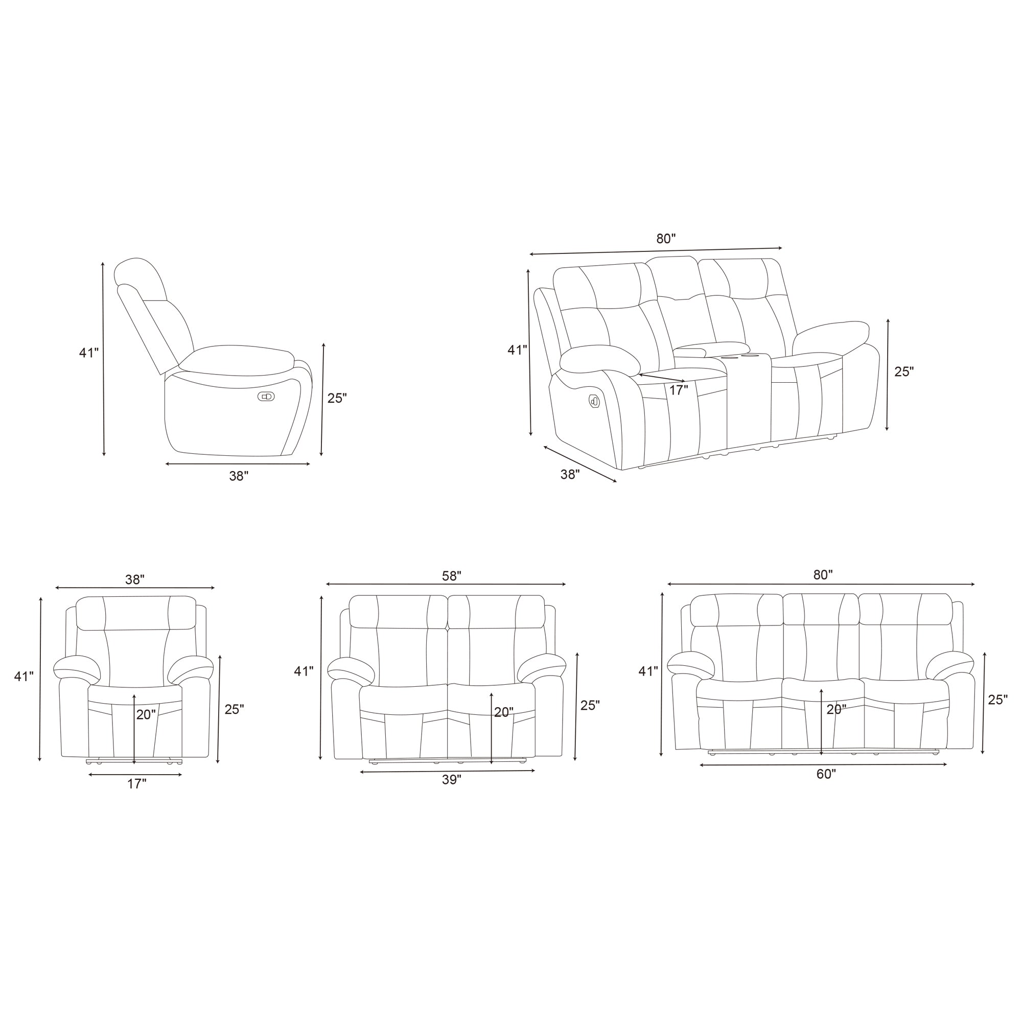 Manual Recliner Sofa & Loveseat & Chair MR2537W Brown