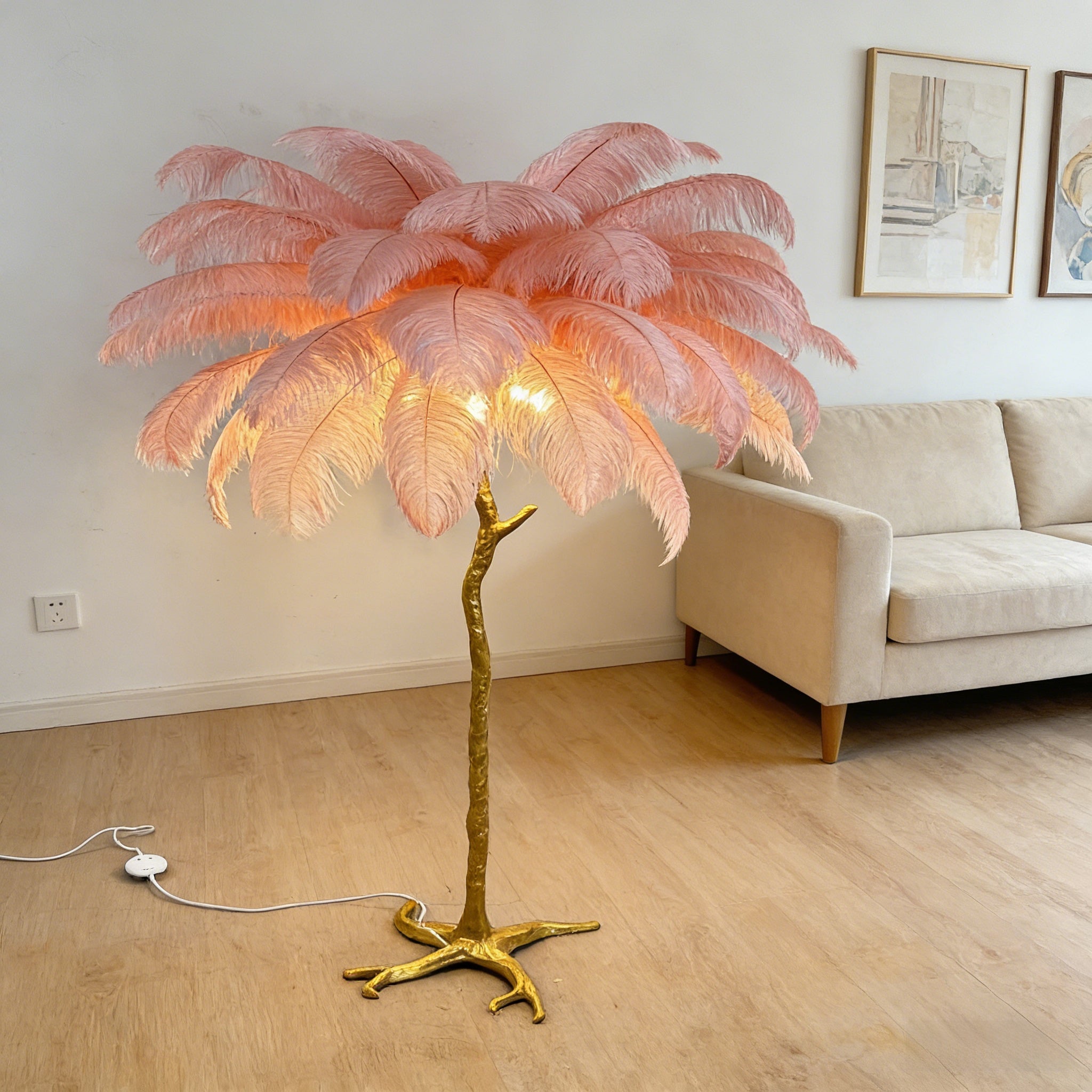 Ostrich Feather Floor Lamp | Golden 4-Light Branch pink