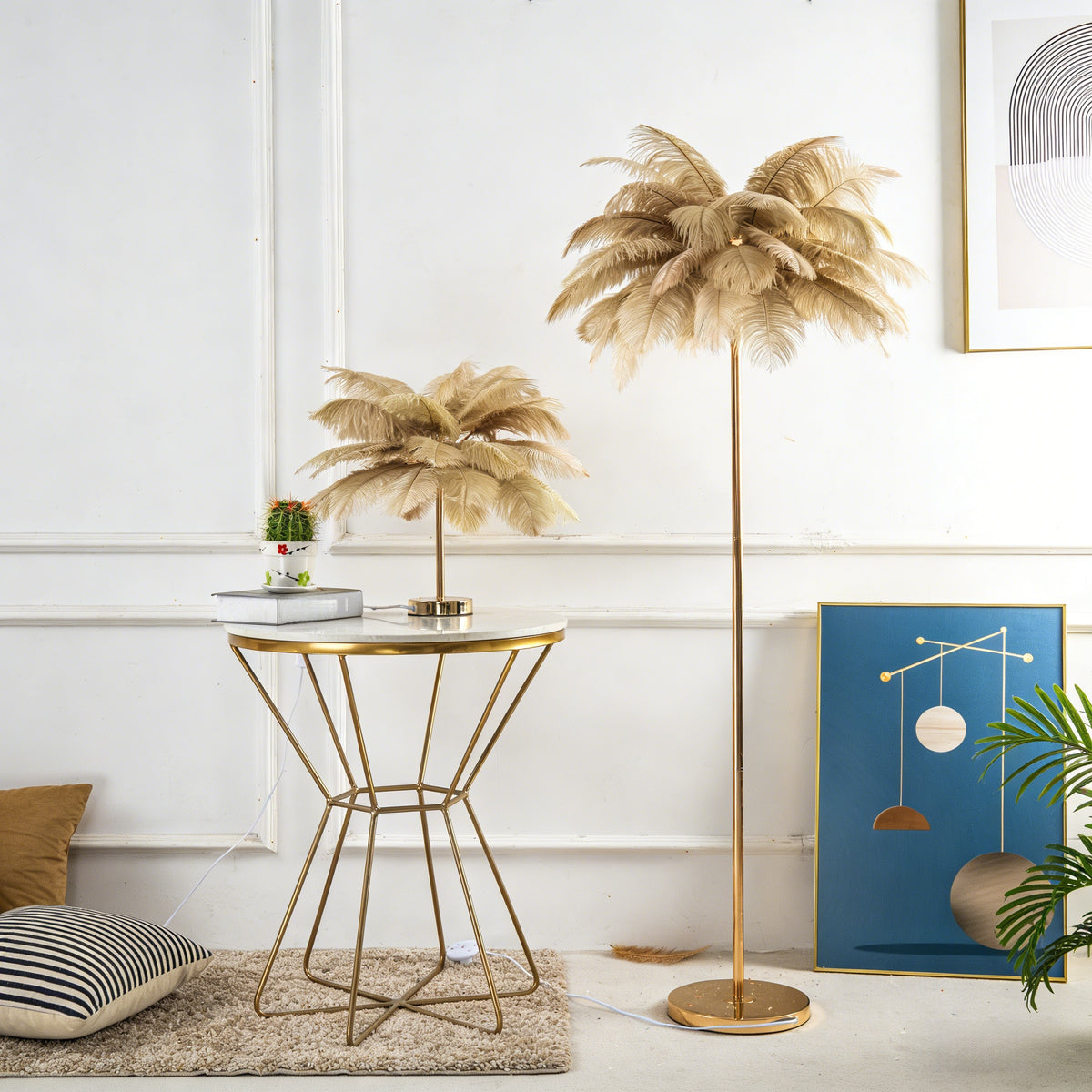 Feather Table Lamp, 3-Color Light, Metal Base, Romantic Ambient Lighting