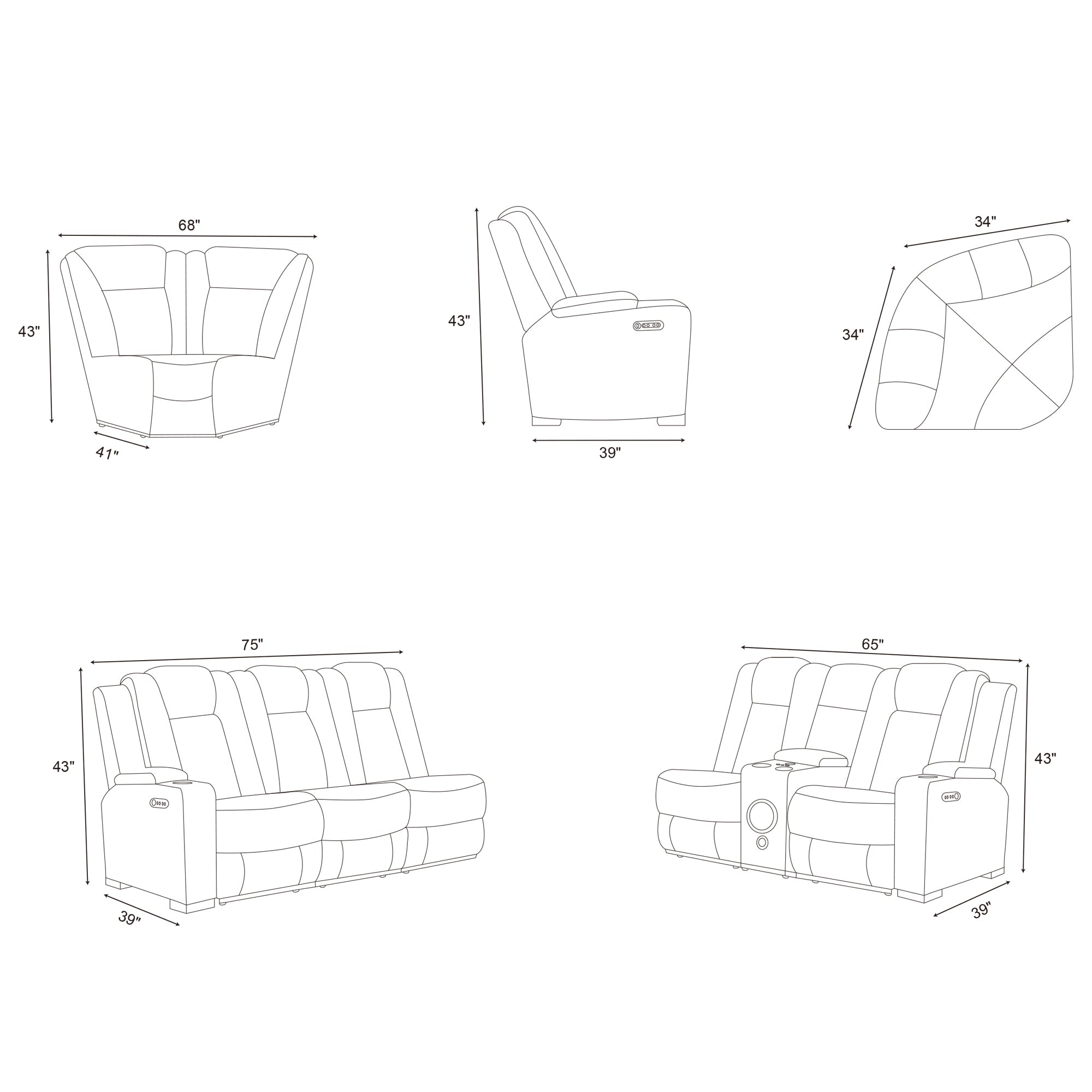 Size of Gray Power Recliner Sectional Sofa Set