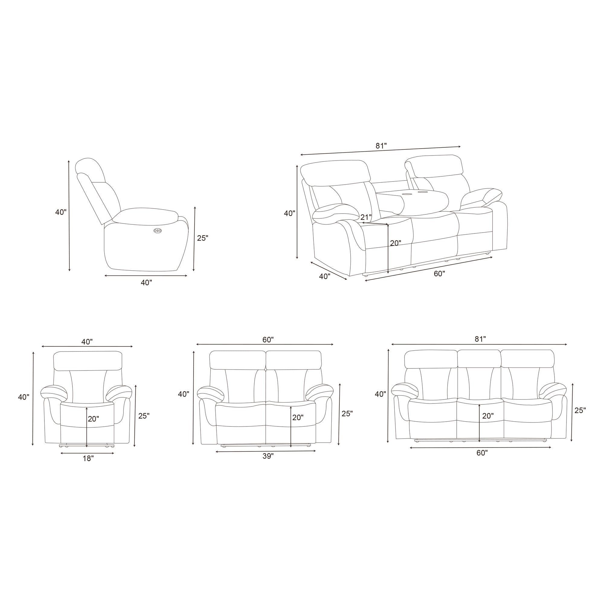 Power Recliner Sofa & Loveseat & Chair MR2041W Gray