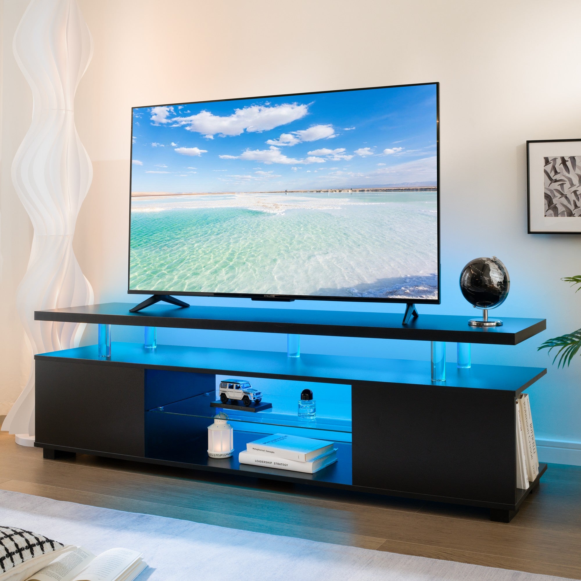 TV Stand LED Gaming Entertainment Center Media Storage Console Table with Large Side Cabinet for Living Room (White)