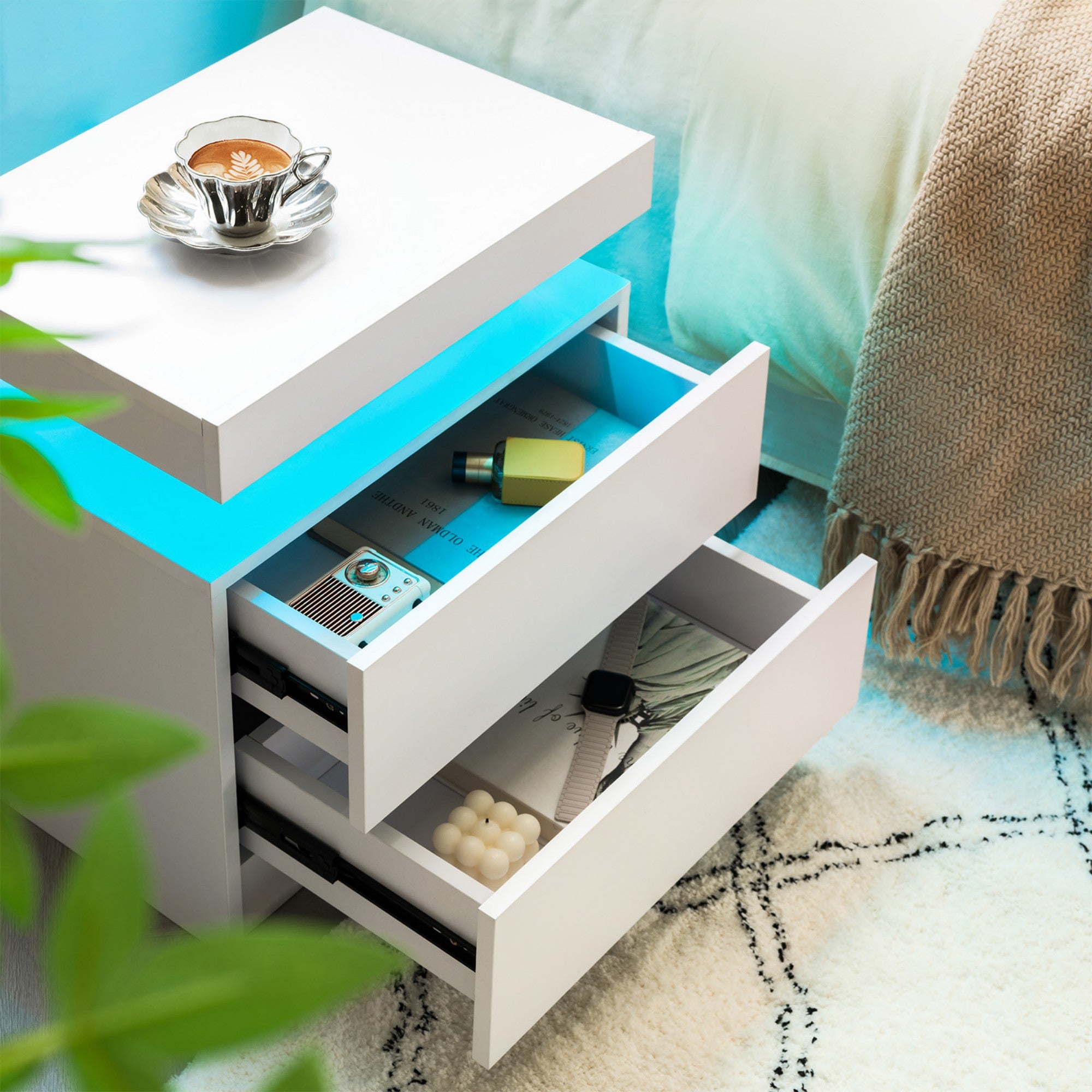 Nightstand LED Bedside Table Cabinet Lights Modern End Side with 2 Drawers for Bedroom (White)
