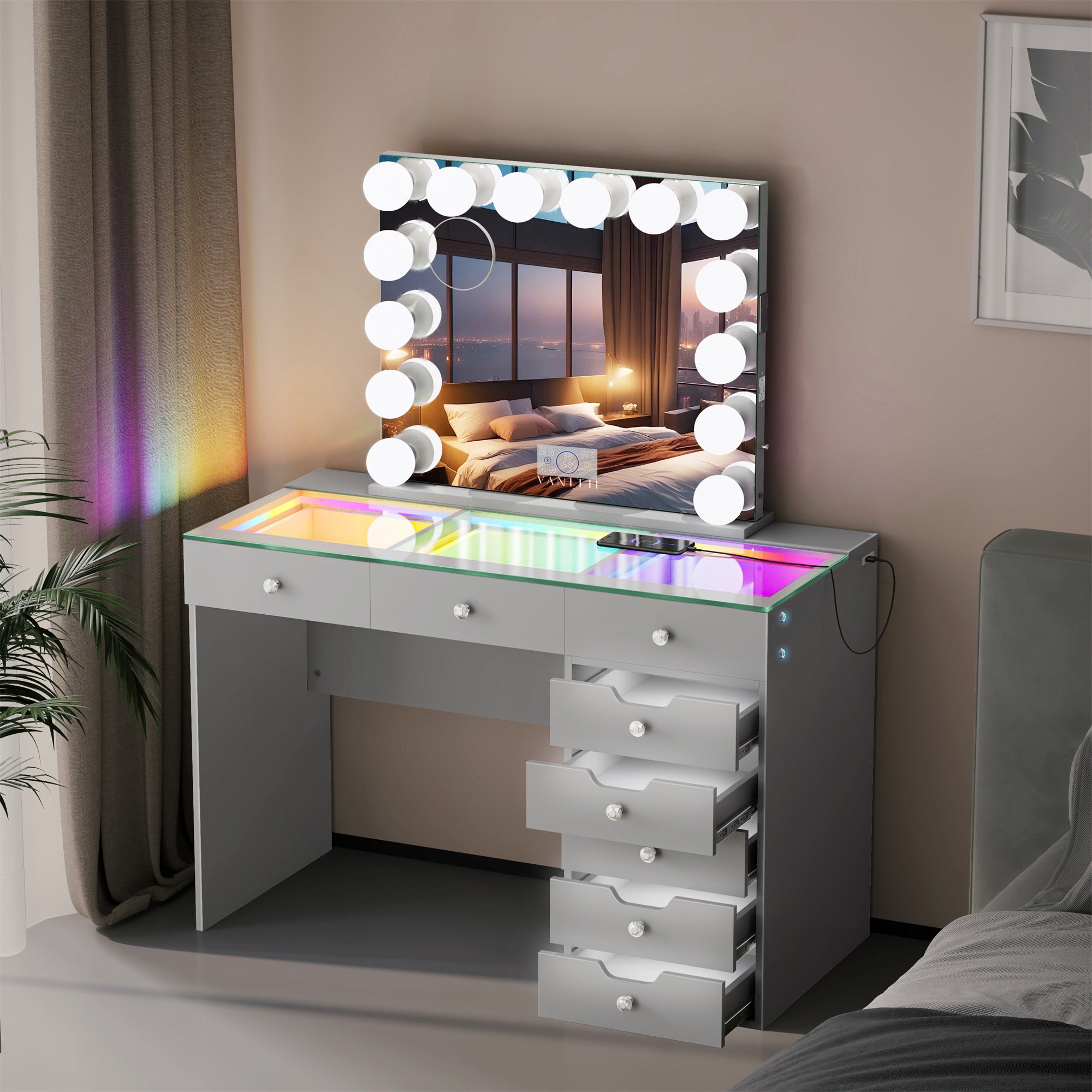 VANITII Diana 8 Drawers Vanity Desk Set with RGB and Full Light