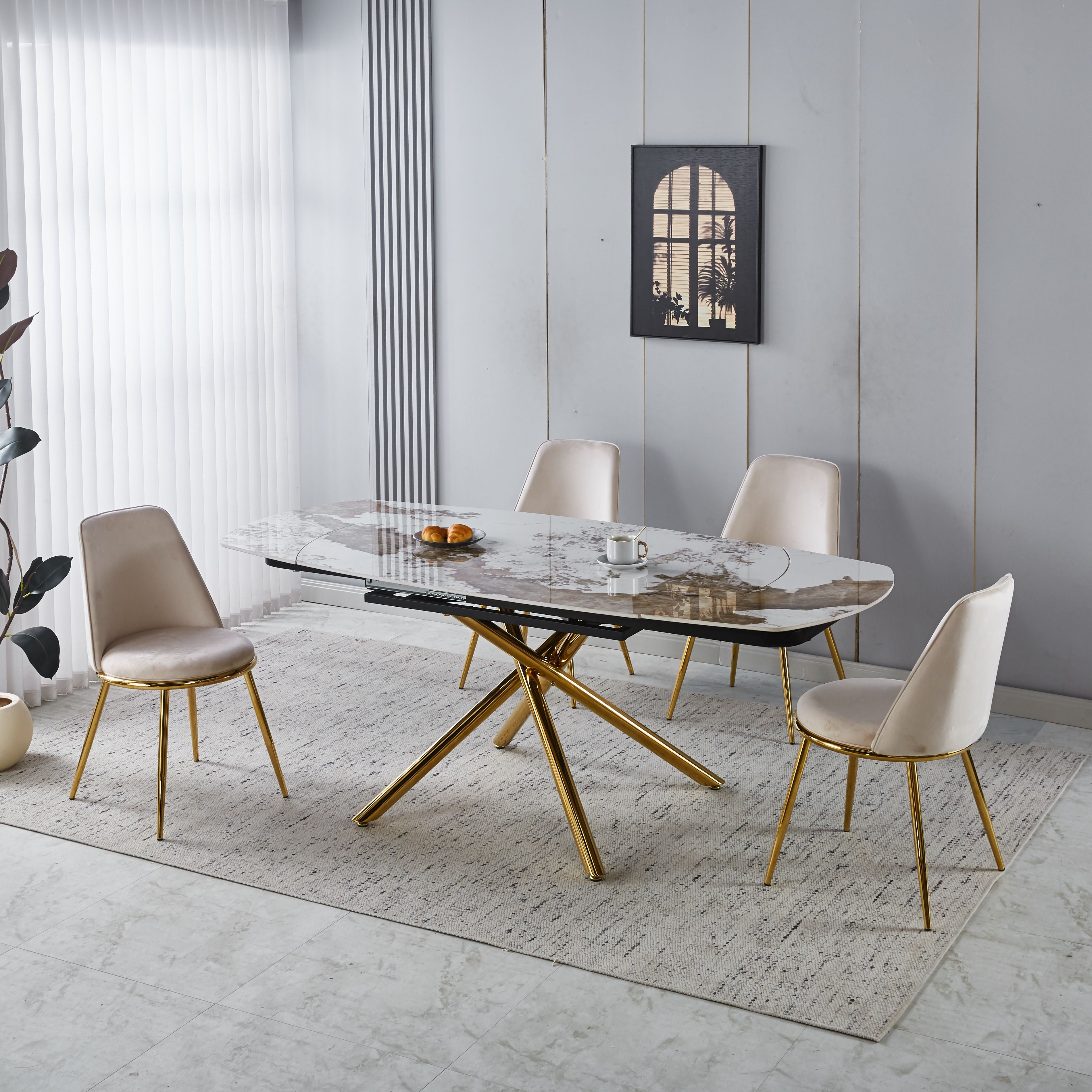 Modern Minimalist White Ceramic Tabletop Dining Set with Beige Velvet Fabric Chairs with Gold Legs (1 Table + 4/6 Chairs)