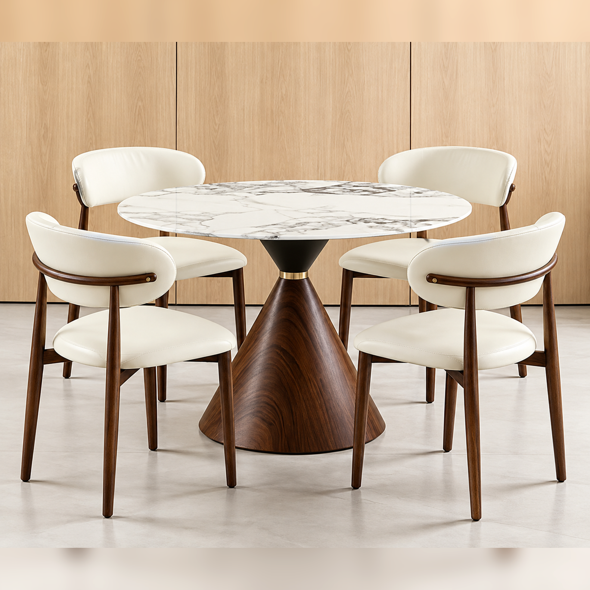 DT016-Contemporary Round Sintered Stone Dinner Table, Single Cone Pedestal Dining Table