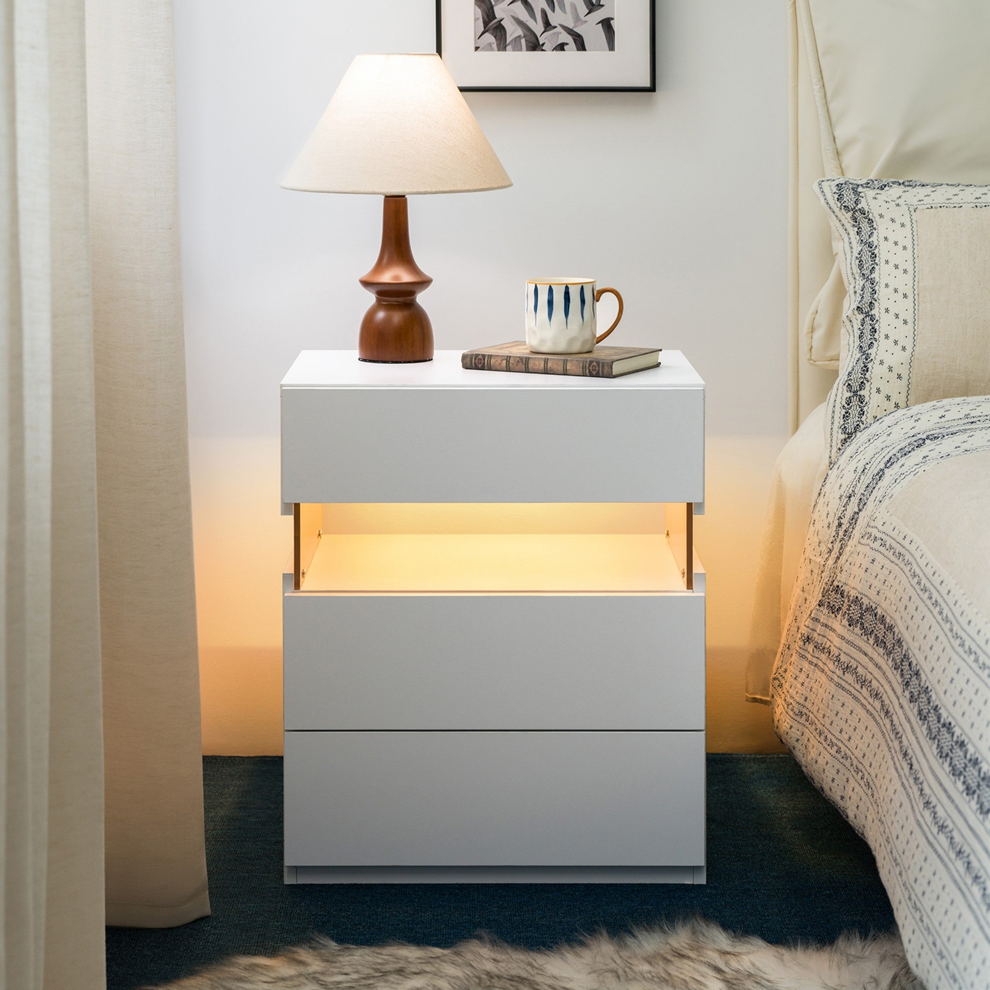LED Nightstands 3 Drawer Dresser for Bedroom End Table with Acrylic Board LED Bedside Tables for Bedroom Living Room