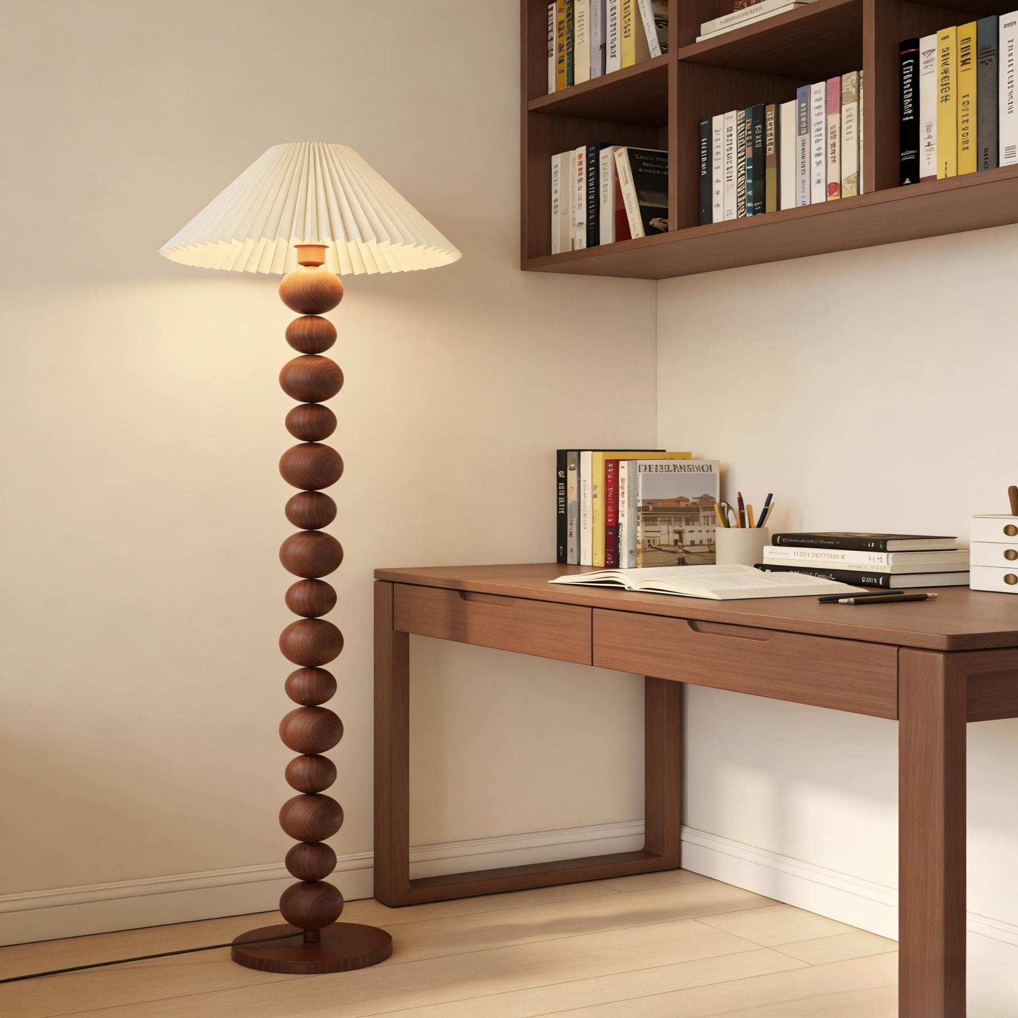 Walnut Floor Lamp with Ball Beads & Pleated Shade - Warm Light for Rustic Décor.