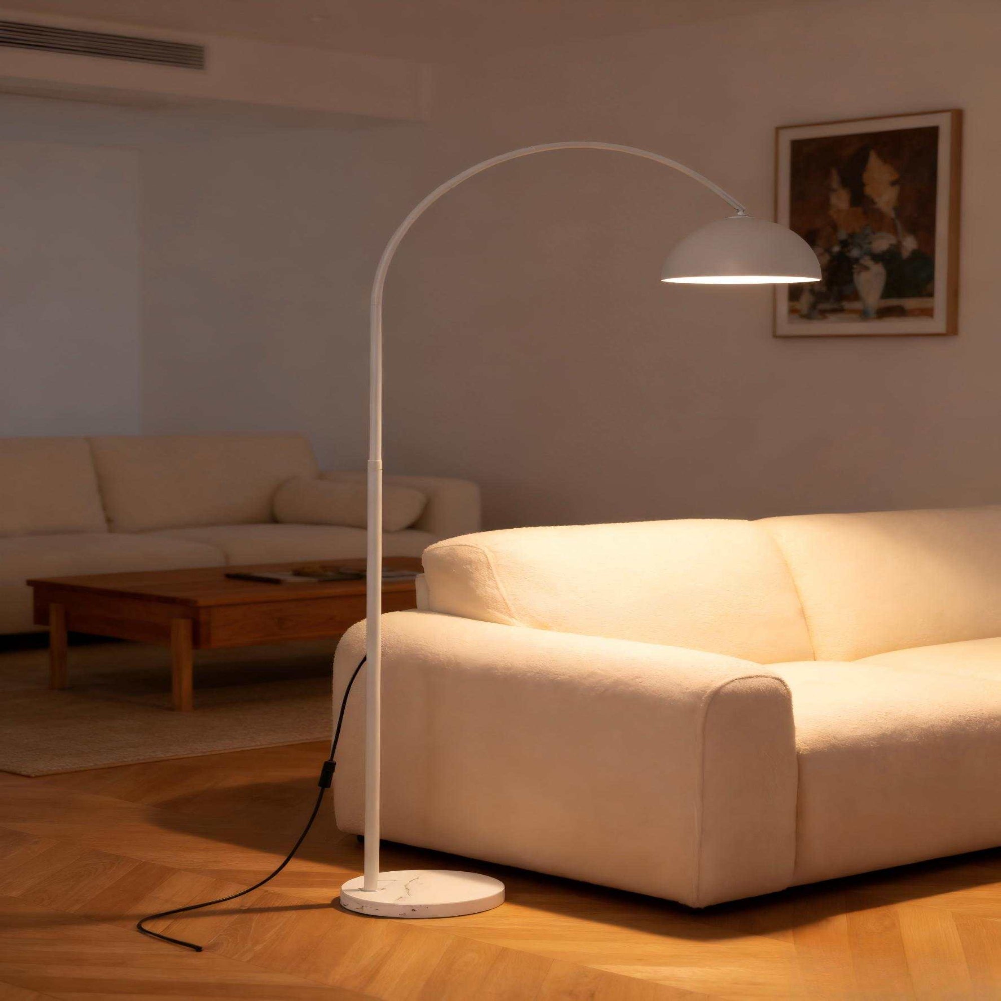 White Arc Floor Lamp: Soft-globe Nordic style for living rooms and bedrooms.