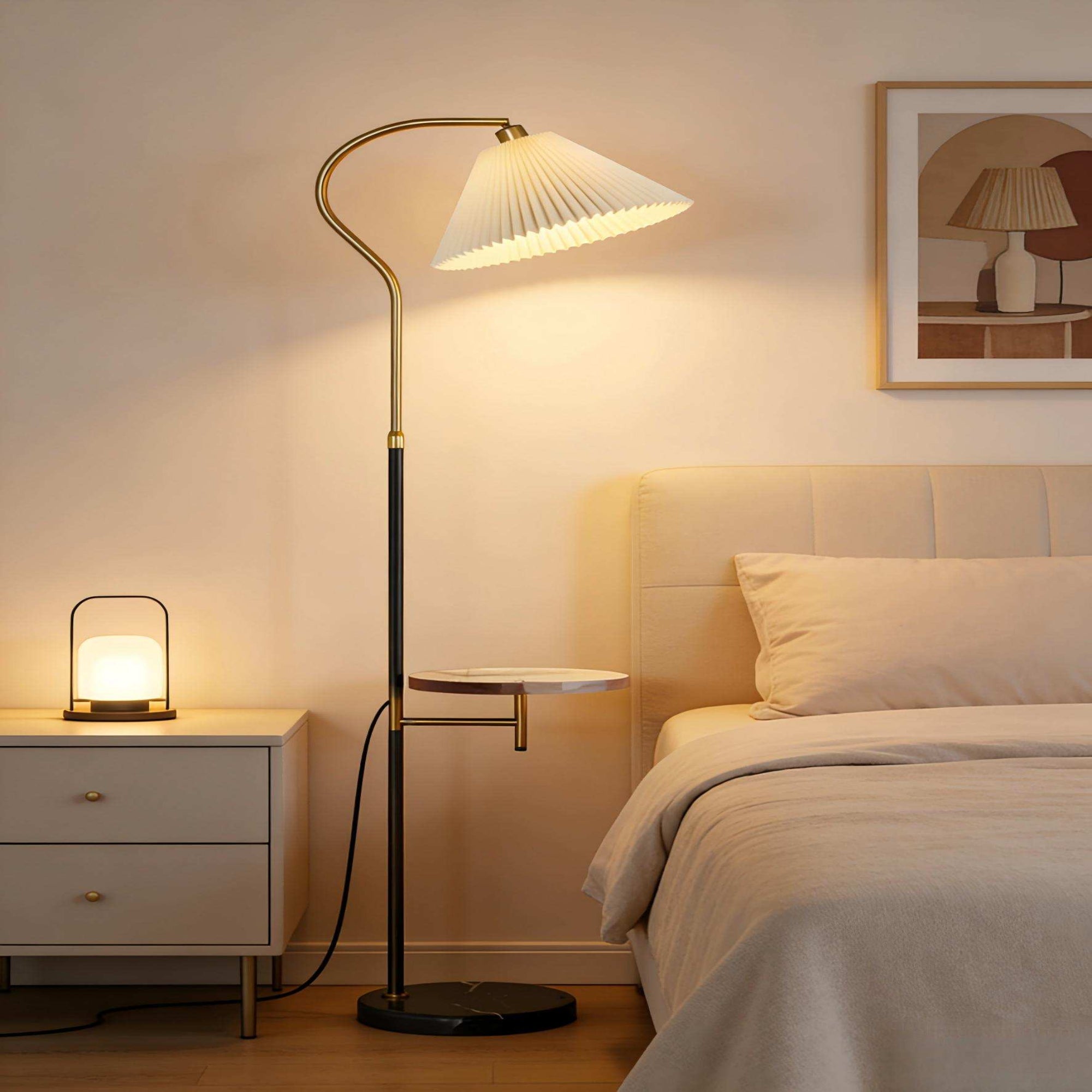Gold-Black Adjustable Floor Lamp with Marble Side Table - 2-in-1 Light & Storage