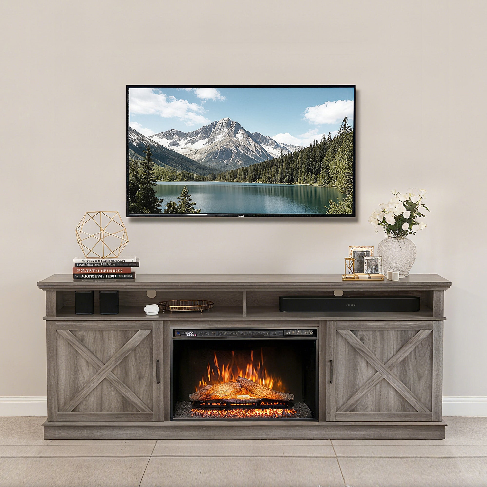 72" Light Grey Melamine Veneer Fireplace TV stand