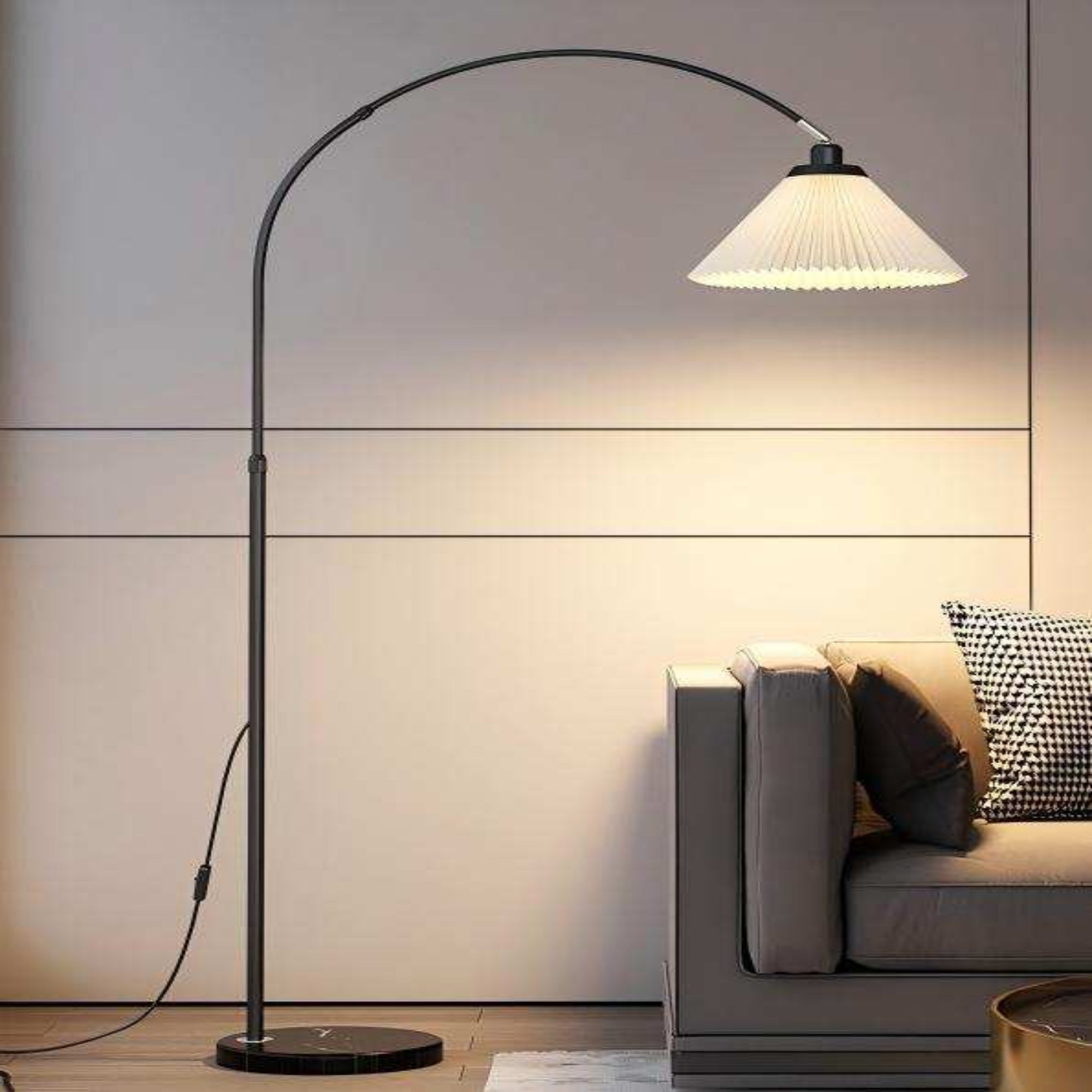 Black Arc Floor Lamp - Modern "fishing lamp" with soft pleated shade, ideal for sofa-side reading in living rooms and bedrooms.