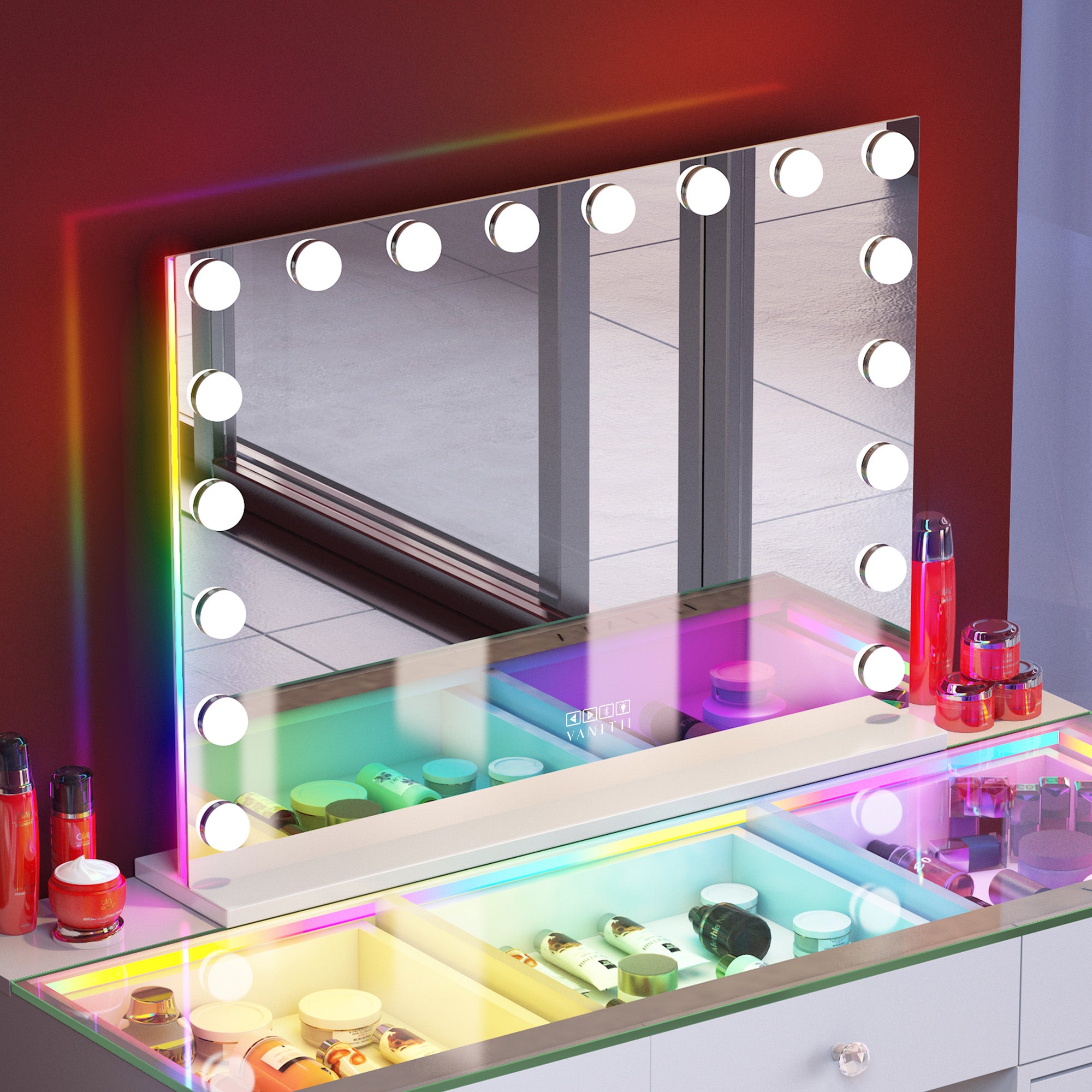 VANITII Mary Hollywood Vanity Mirror with RGB and Bluetooth Speaker- 18 Dimmable LED Bulbs