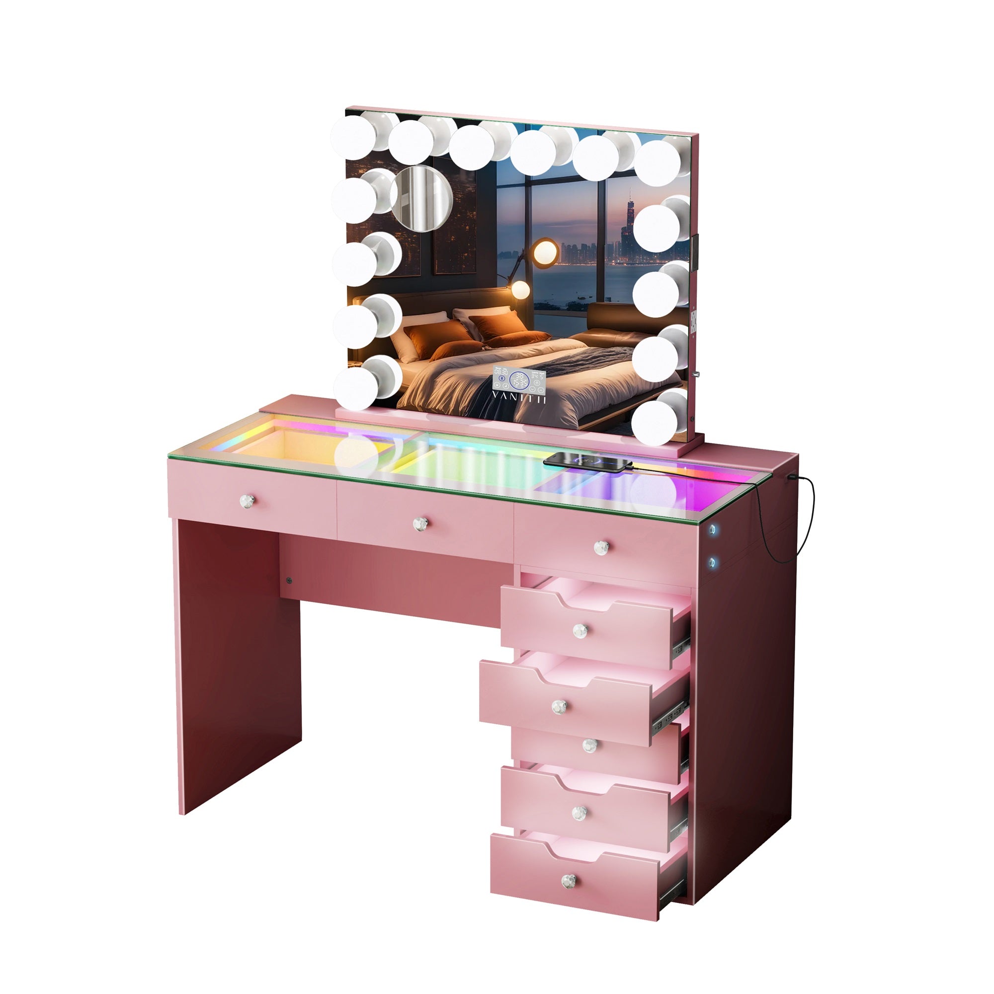 VANITII Diana 8 Drawers Vanity Desk Set with RGB and Full Light