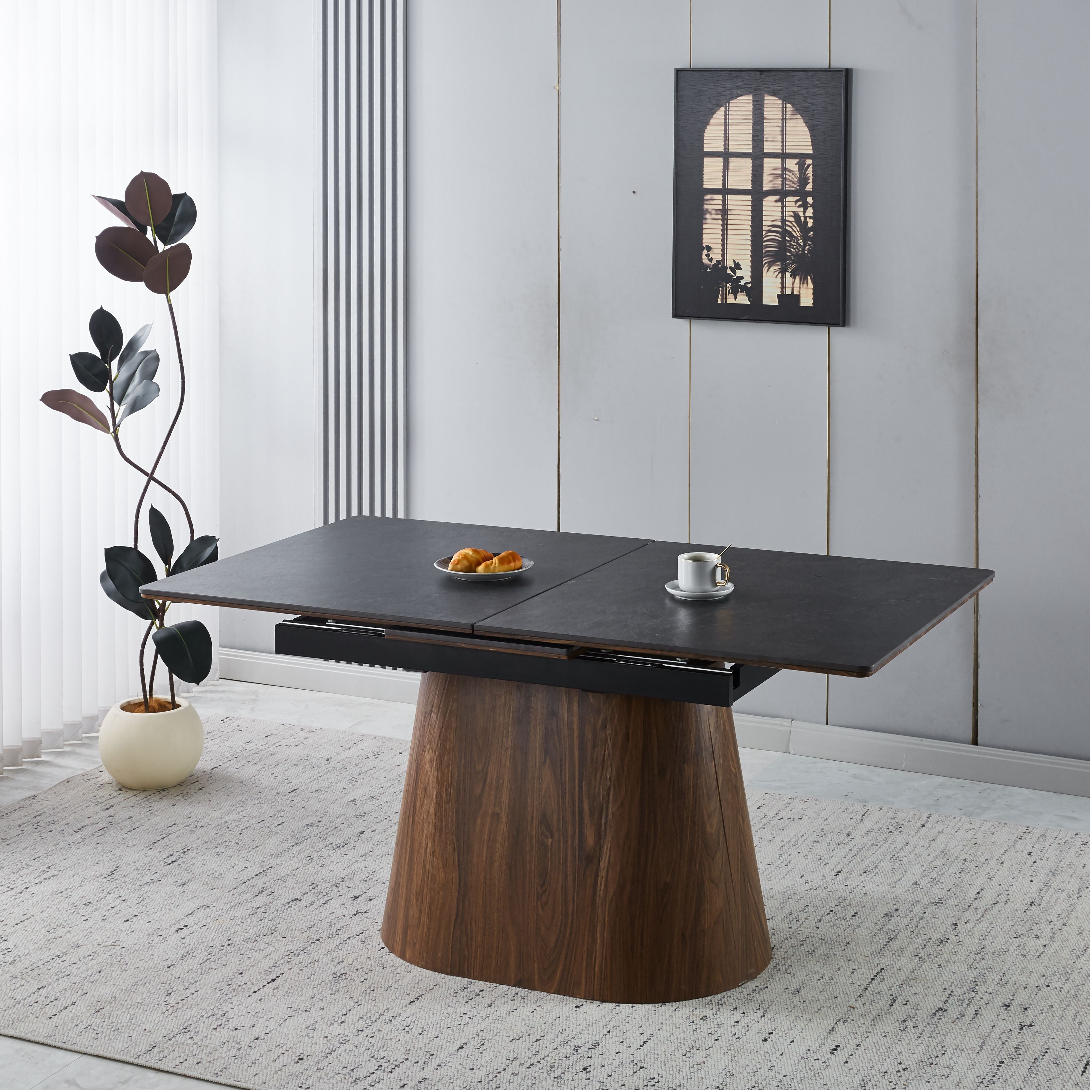 Modern Extendable Black Ceramic Tabletop Dining Set with Beige Fabric Chairs with Dark Wood Legs (1 Table + 4/6 Chairs)