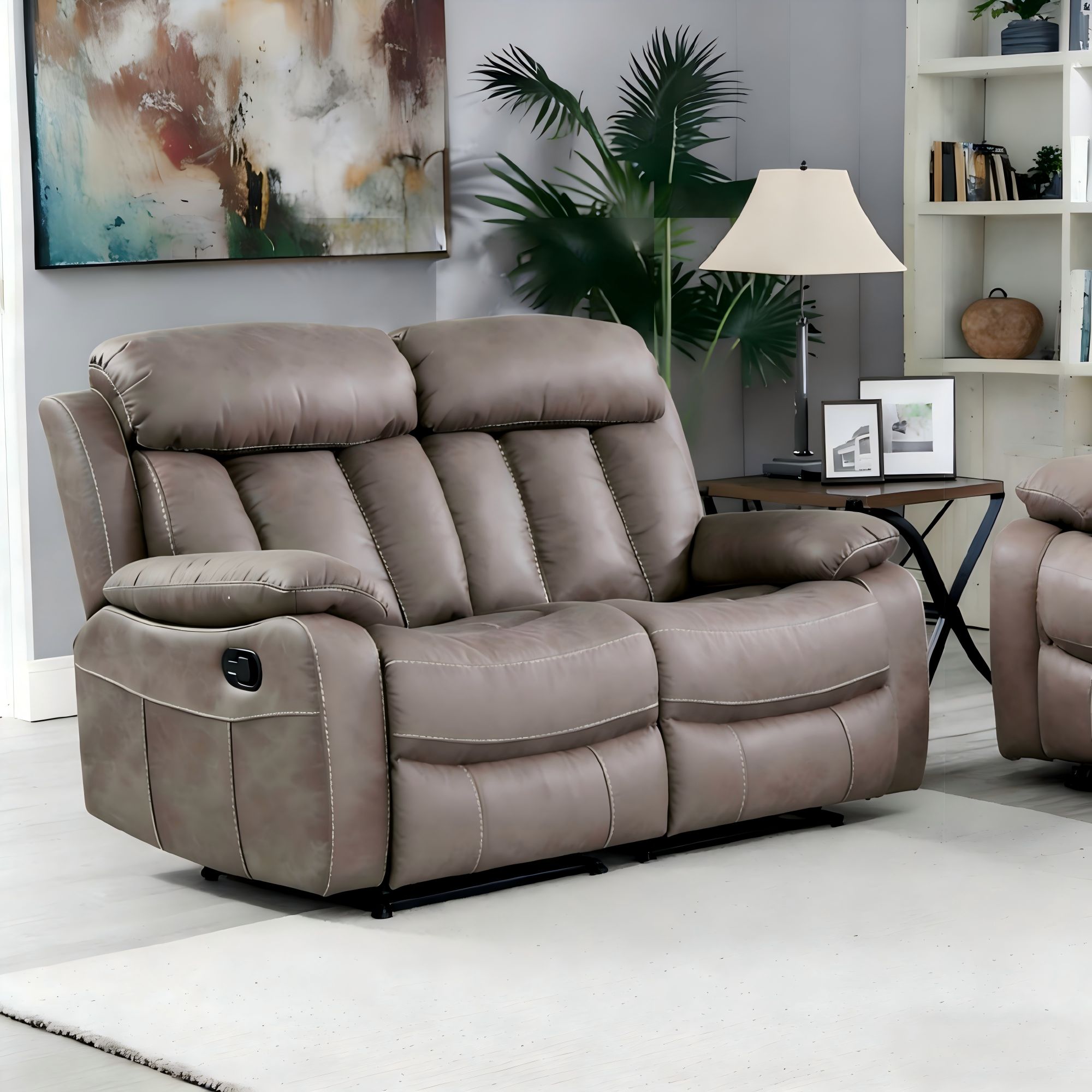 Kael Power Recliner & 2-Seater Sofa Set, Breathable Leather with Side Armrest Storage, Rustic Home Theater Seating