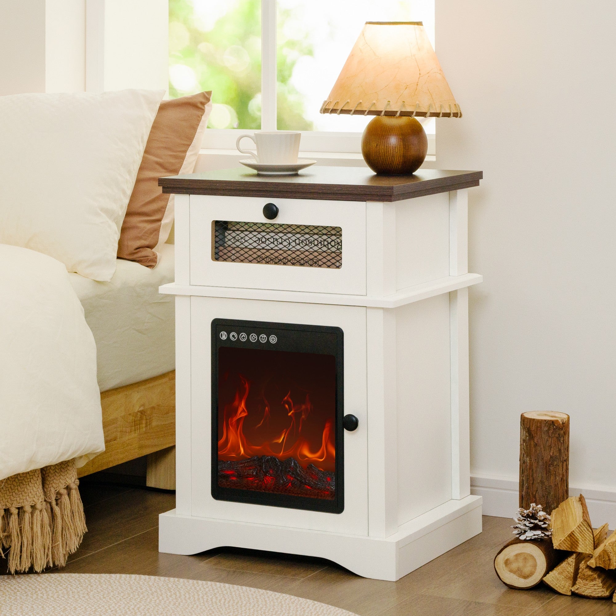 LED Fireplace Nightstand with Drawer,Adjustable Light Bedside Table for Bedroom, Living Room