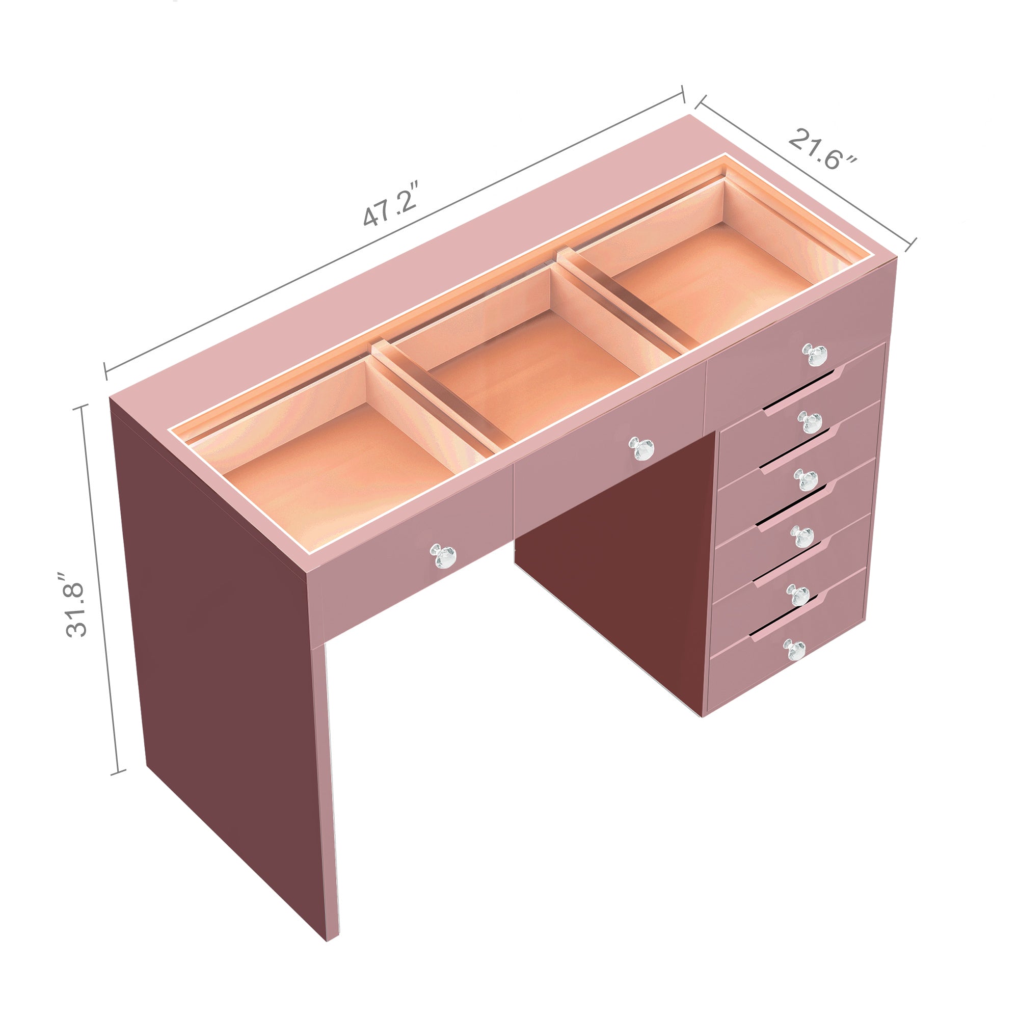 VANITII Diana Pink Vanity Desk - 8 Storage Drawers