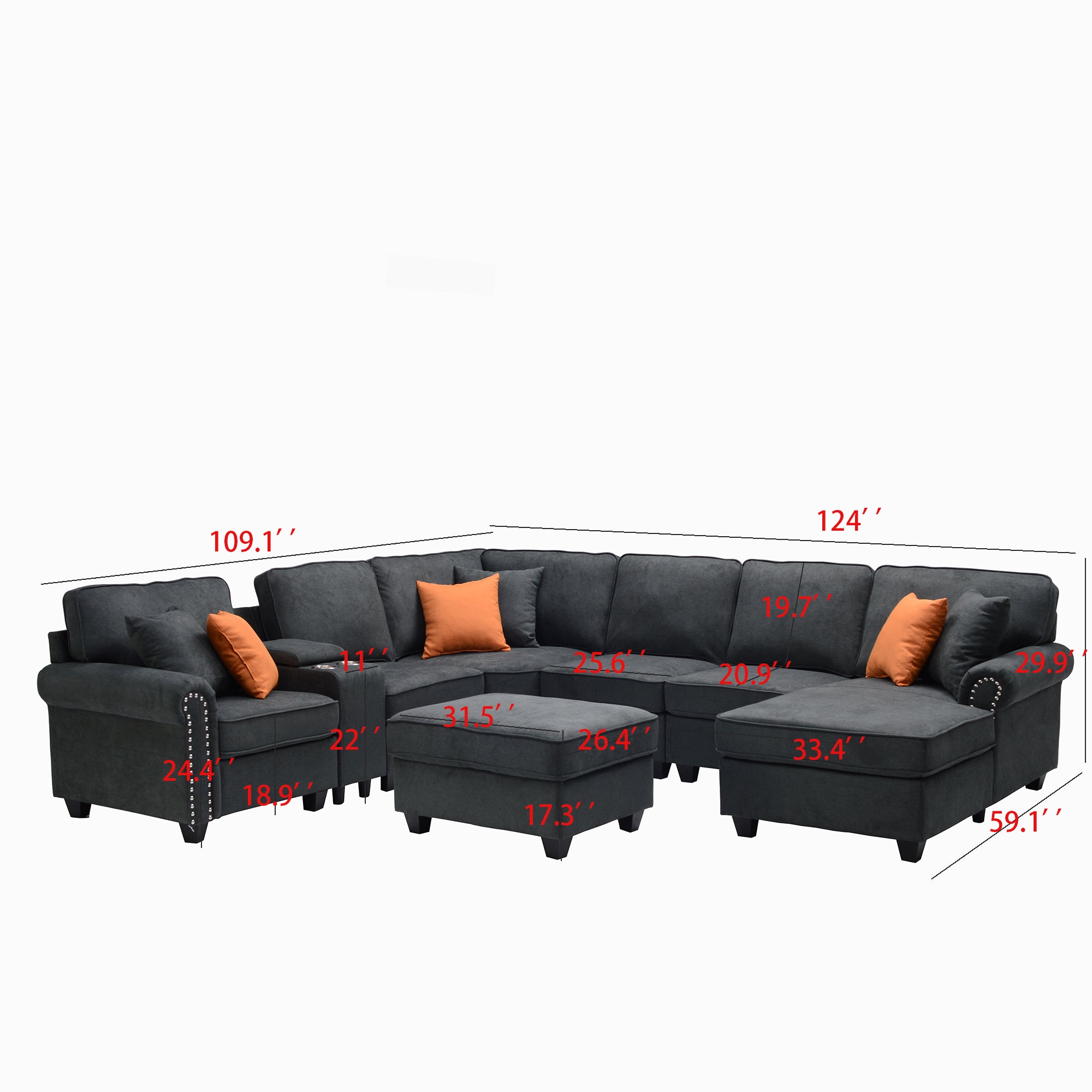 U-Shape Sectional With Cupholder Console And Ottoman