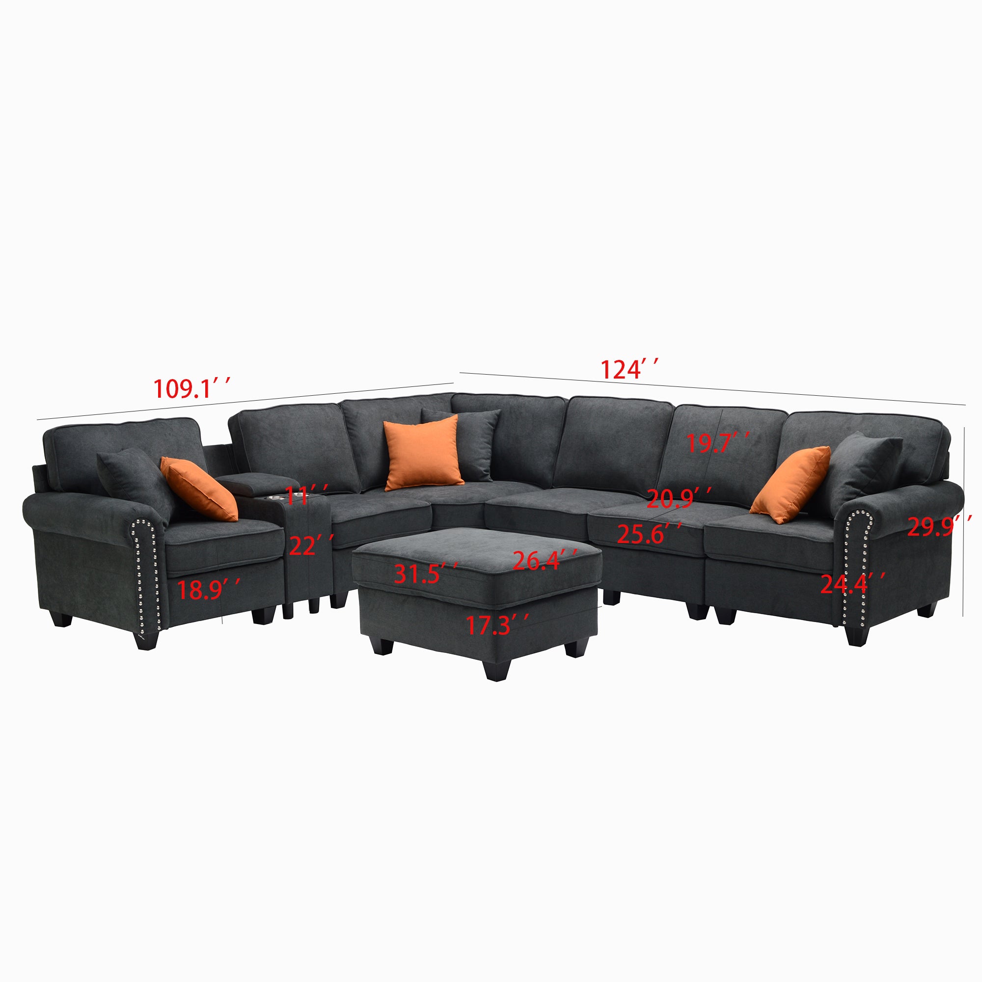 L-Shape Sectional With Cupholder Console And Ottoman